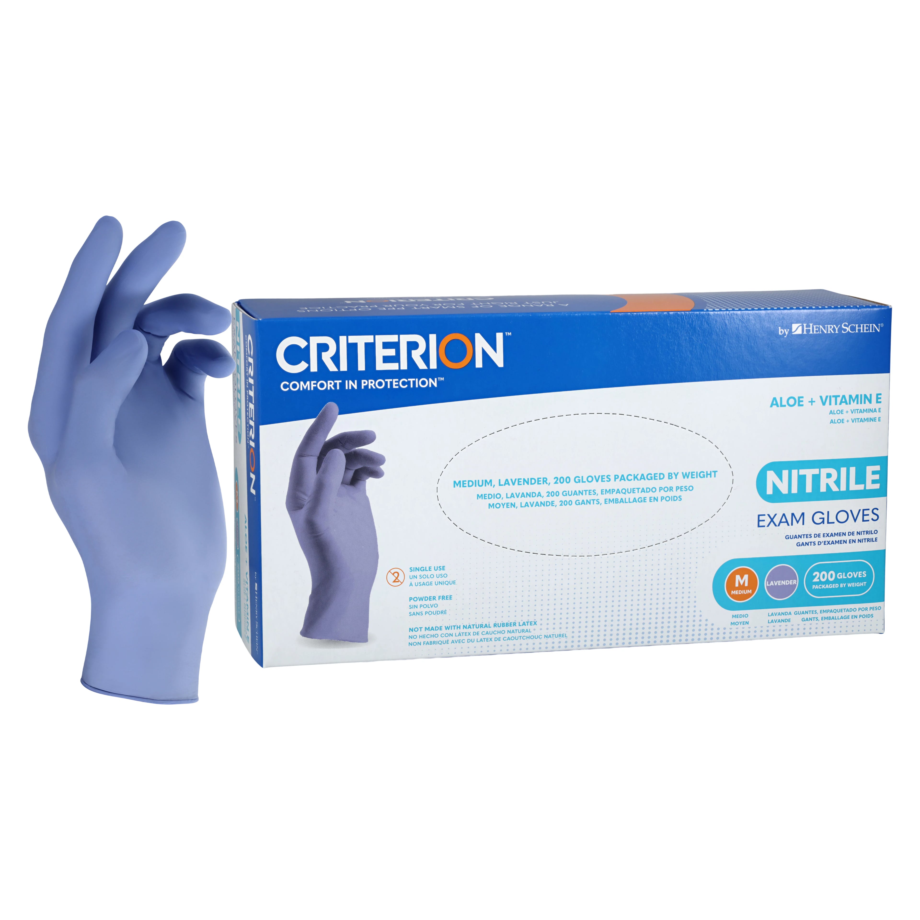 Criterion Nitrile Exam Aloe + Vitamin E Gloves, Powder Free, Non-Sterile, Medium, Lavender, 200/Box