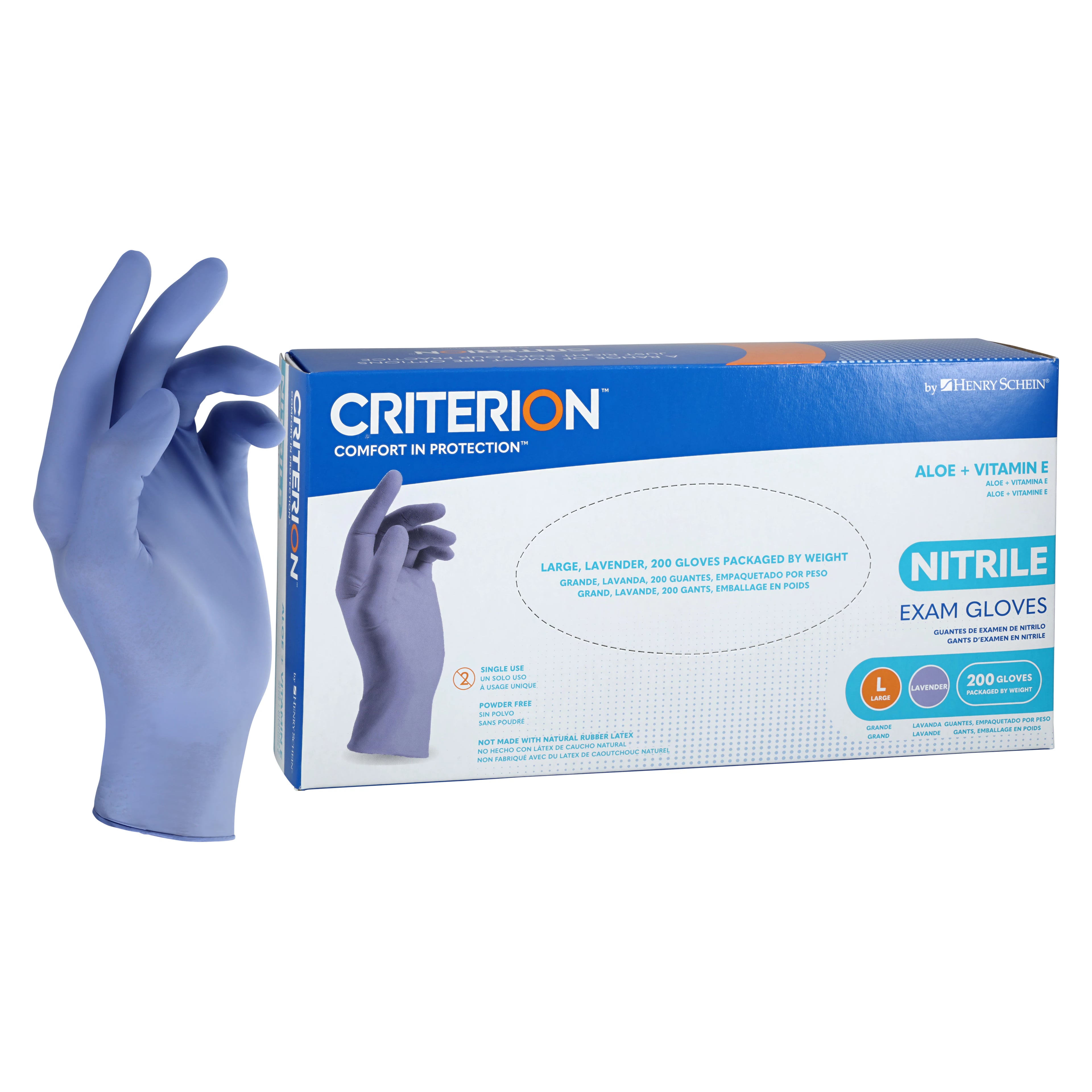 Criterion Nitrile Exam Aloe + Vitamin E Gloves, Powder Free, Non-Sterile, Large, Lavender, 200/Bx