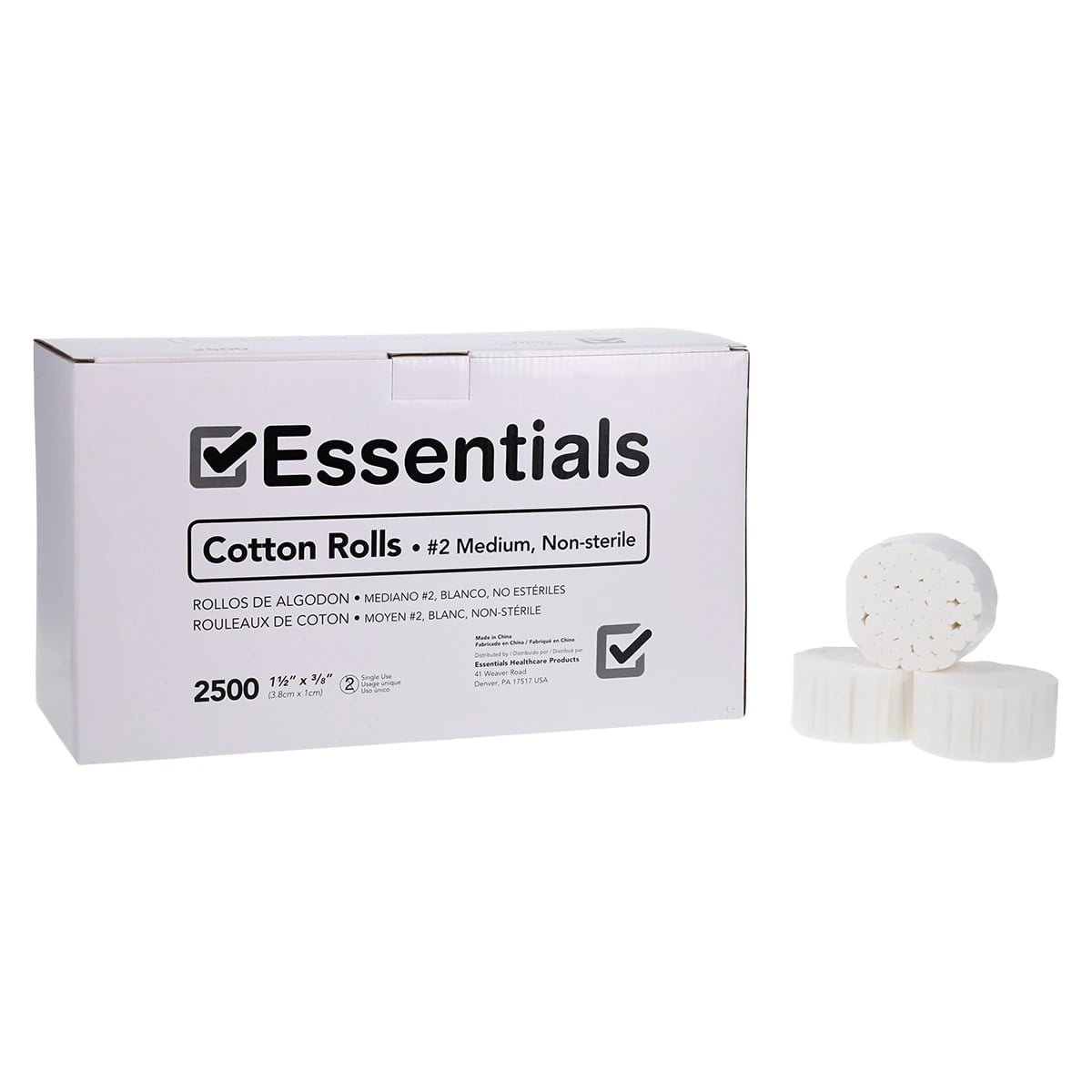 Essentials Healthcare Cotton Rolls, Non-Sterile, Size 2 Medium, 1.5 in x 0.375 in, 2500/Bag