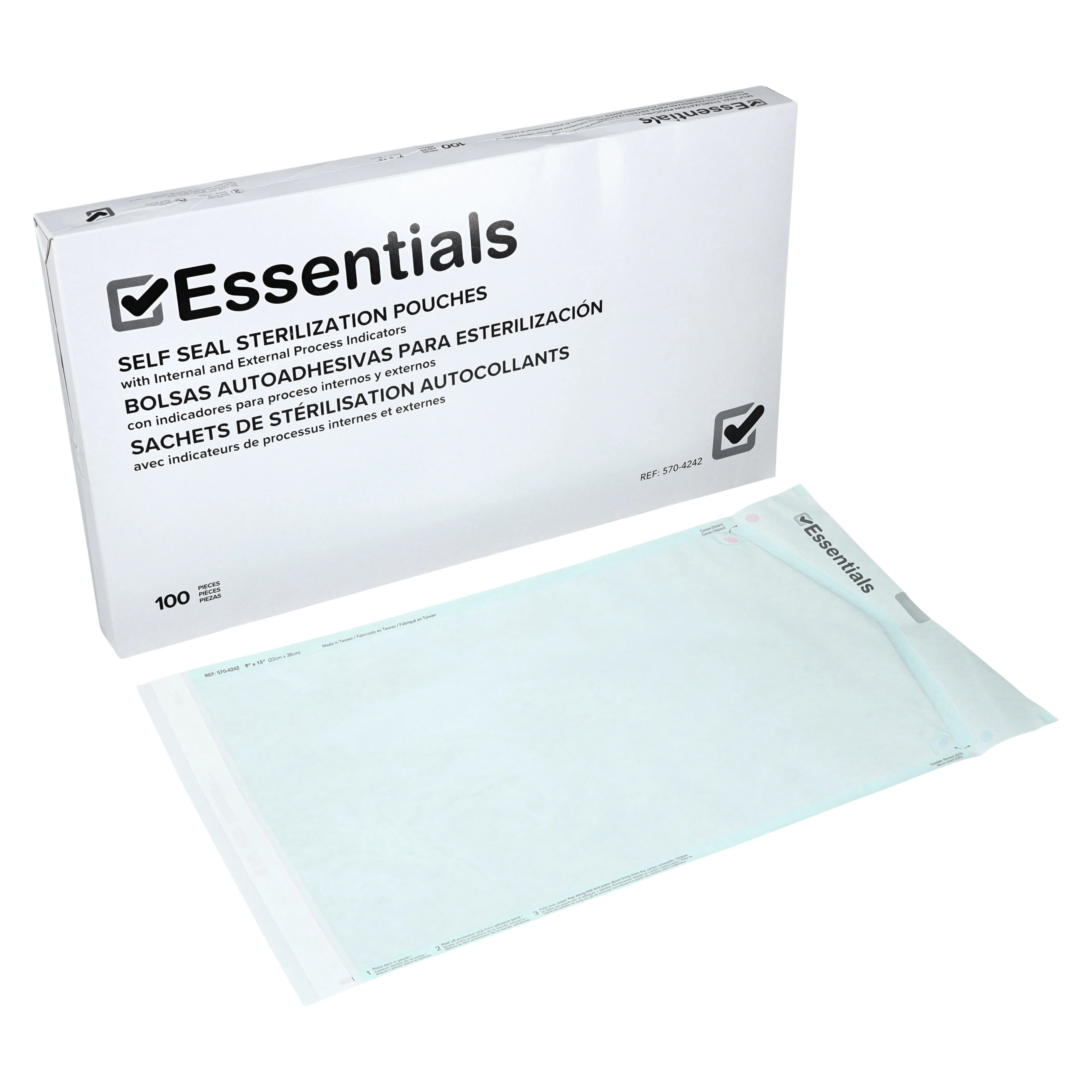Essentials Dual Indicator Sterilization Pouch, 9 in x 15 in, Blue/White, Latex-Free, 100/Box