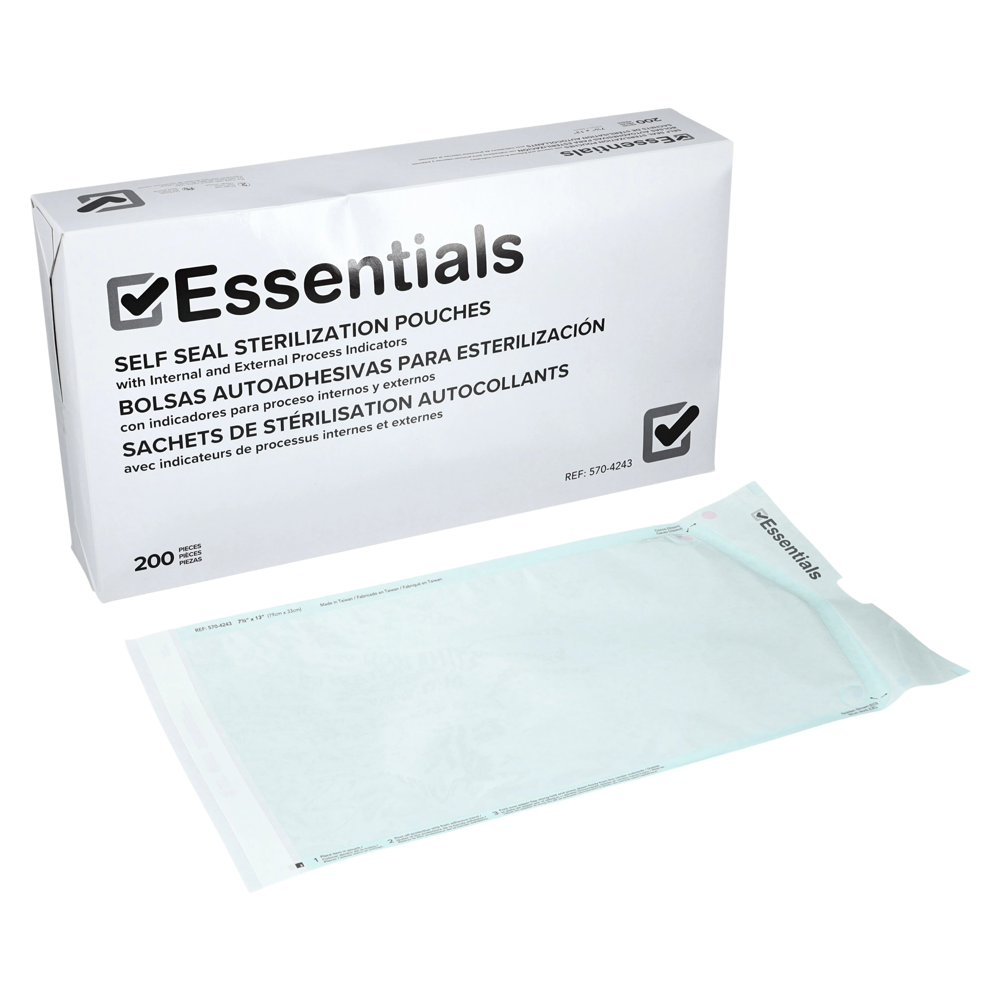 Essentials Dual Indicator Sterilization Pouch, Self-Seal, 7.5 in x 13 in, Blue/White, Latex-Free, 200/Box