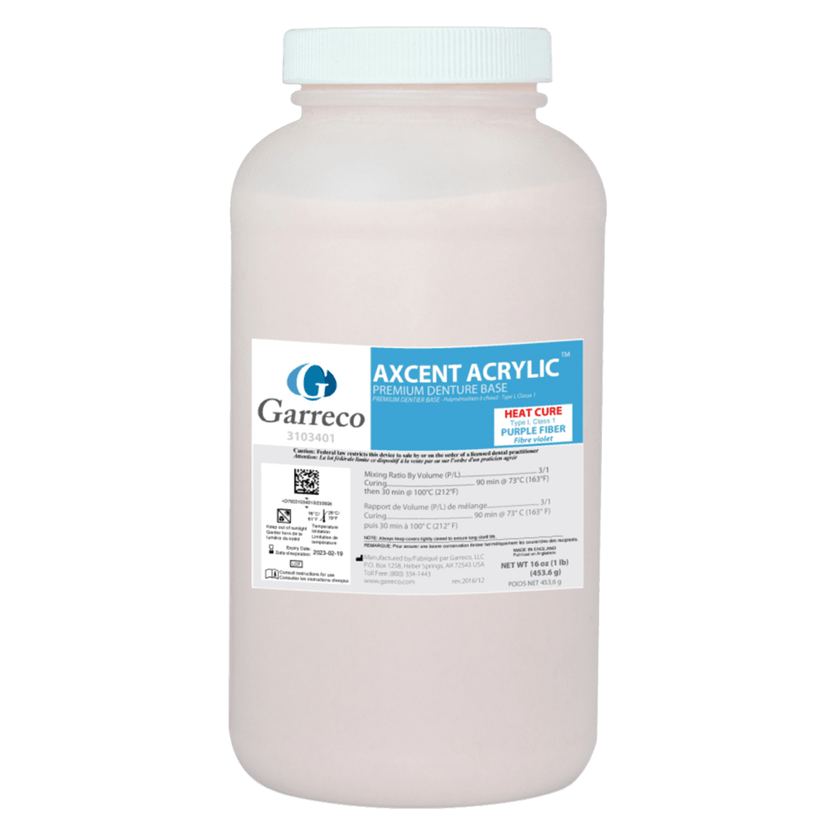 Axcent Premium Denture Resin, Heat Cure, Purple Fibered, 1 lb, Garreco