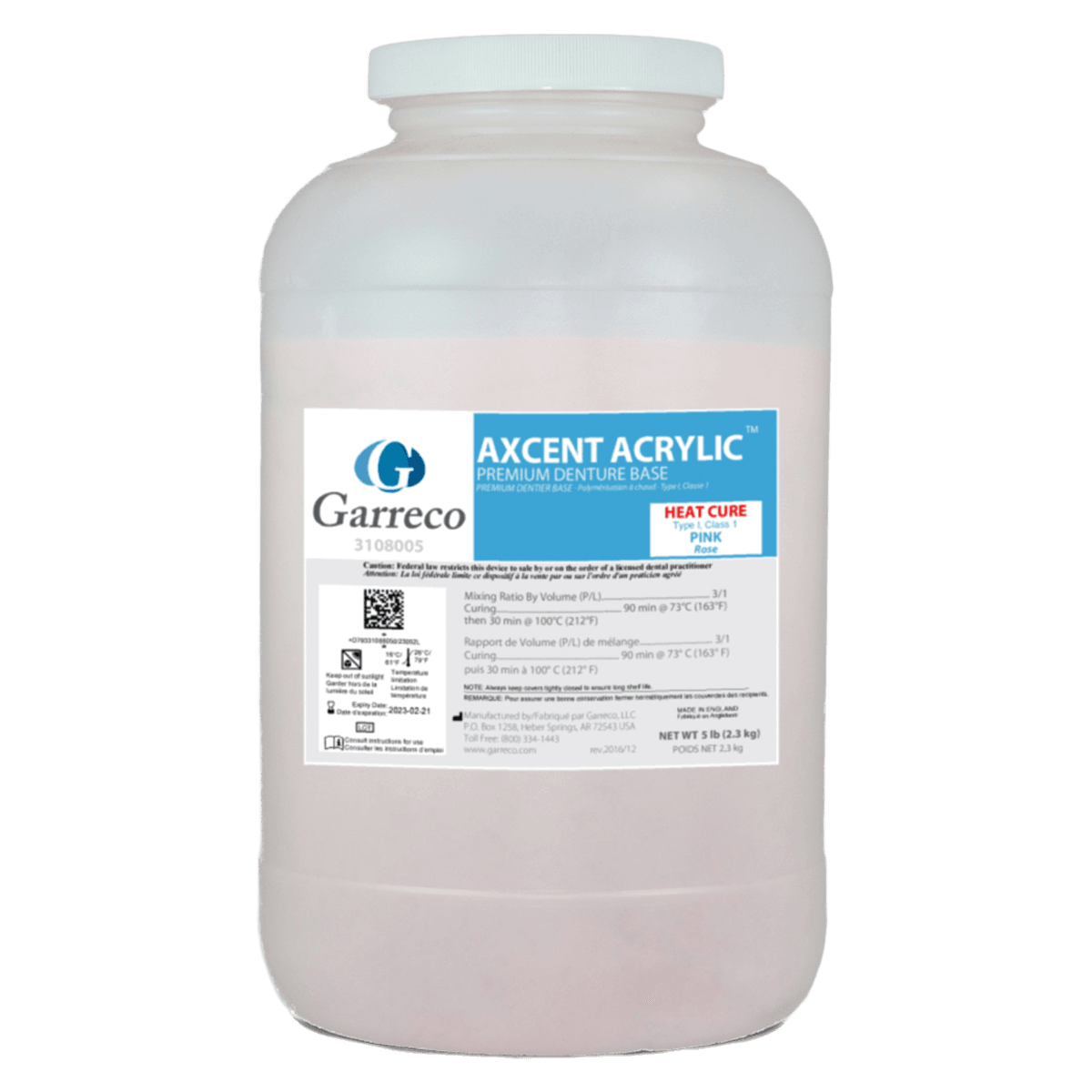 Garreco Premium Denture Base Heat-Cure Acrylic Resin, Pink, 5 lb Jar, 1/Pk
