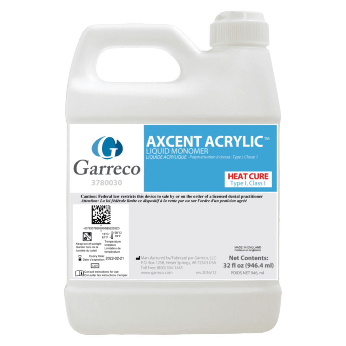 Axcent HC Liquid #1 Heat Cure Denture Resin Liquid, 32 oz (Quart), Garreco