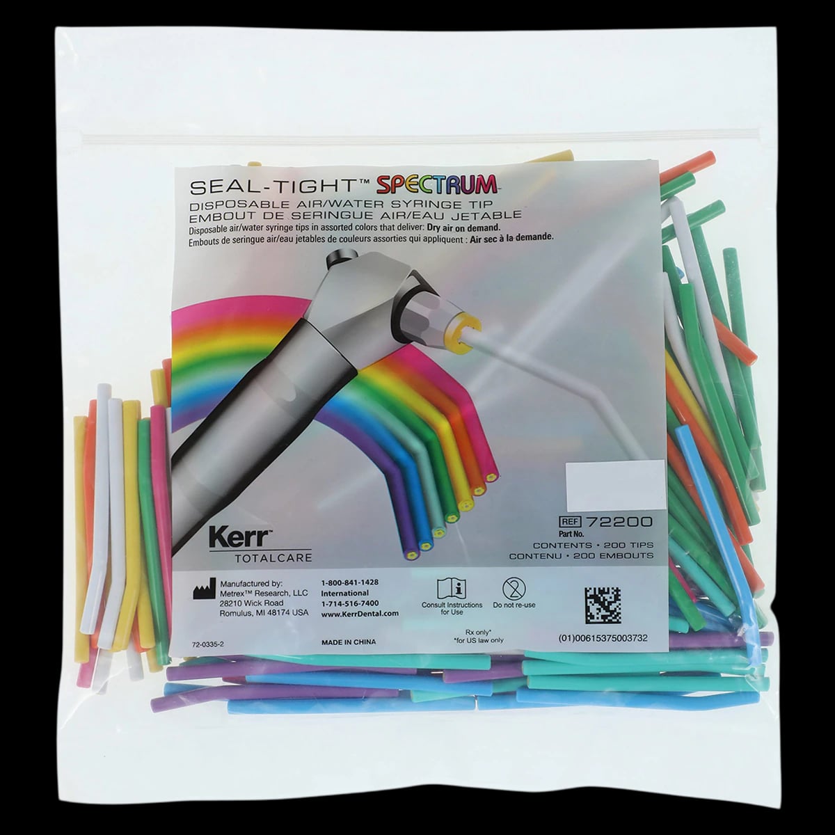 Kerr TotalCare Seal-Tight Spectrum Disposable Air/Water Syringe Tips, Assorted Colors, Bendable, 200/Bag, 72200