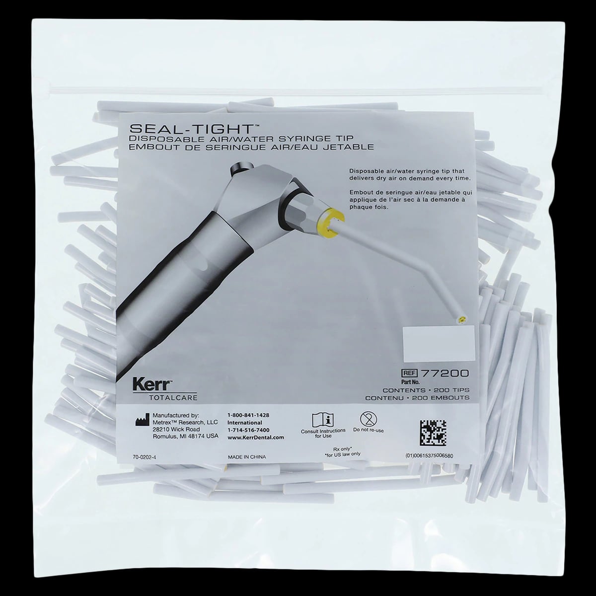 Kerr TotalCare Seal-Tight Disposable Air/Water Syringe Tips, White, Bendable, 200/Bag, Ref 77200