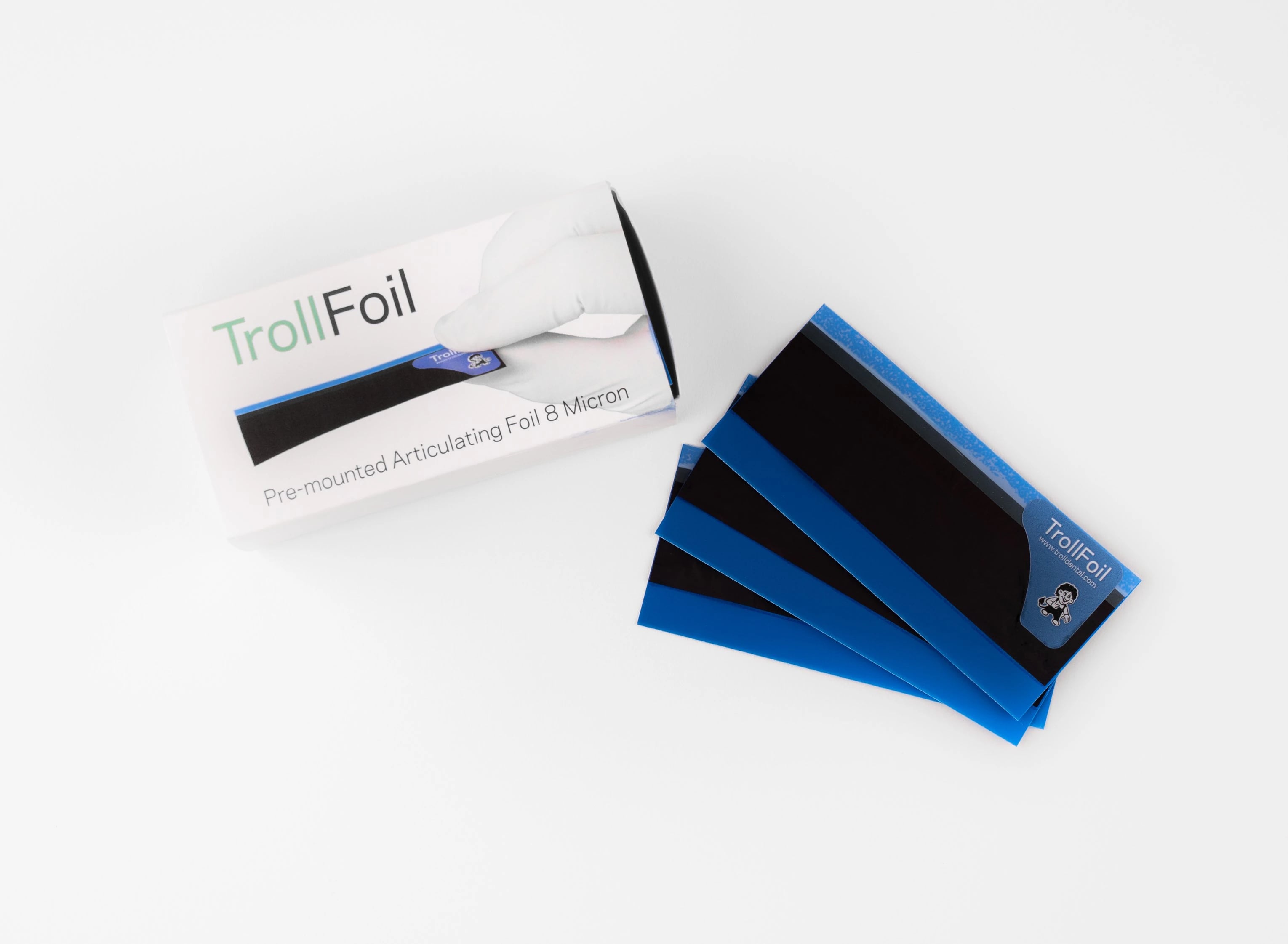 TrollFoil Double-Sided Articulating Foil, Blue, 8 Microns, Pre-Mounted, 3" x 3/4", 100/Pk, 12000101