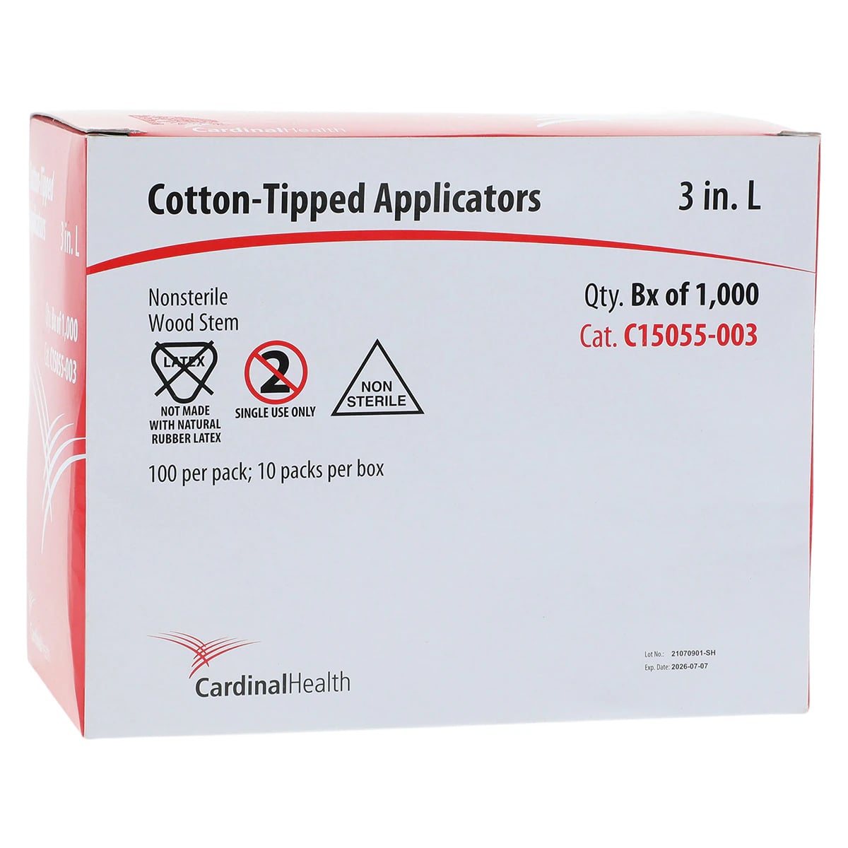 Cardinal Health Cotton-Tipped Applicators, Wood Shaft, Non-Sterile, 3 in, 1000/Box