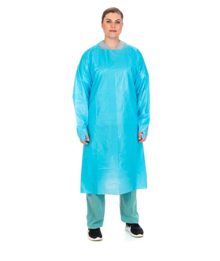 Cardinal Health Premium Disposable Isolation Gown, Polyethylene Film, Universal Size, Blue, Below Knee, Non-Sterile, Open Back, 25/Bag
