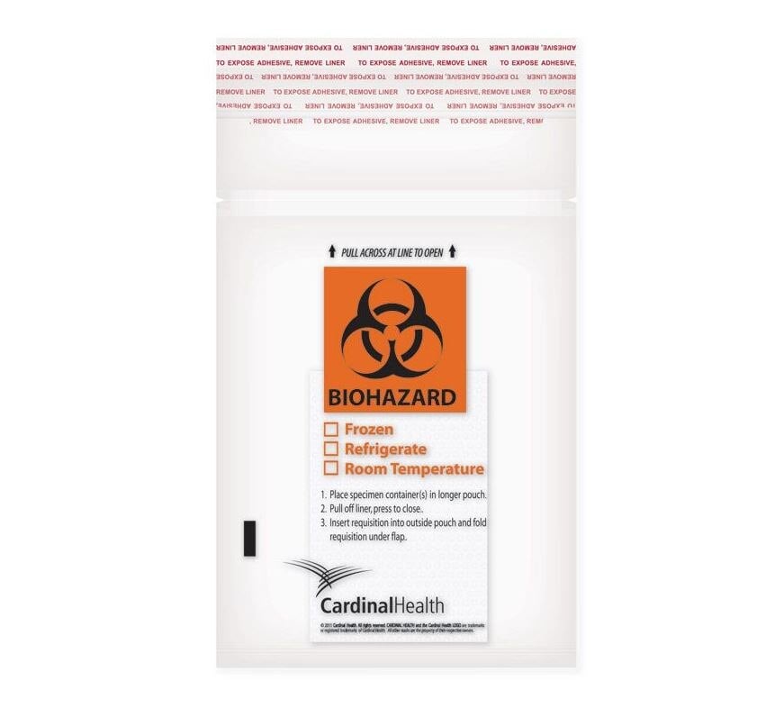 Cardinal Health Biohazard Specimen Transport Bag, 8x10", Clear Zip Closure, 3-Wall, 2 mil, 1000/Case
