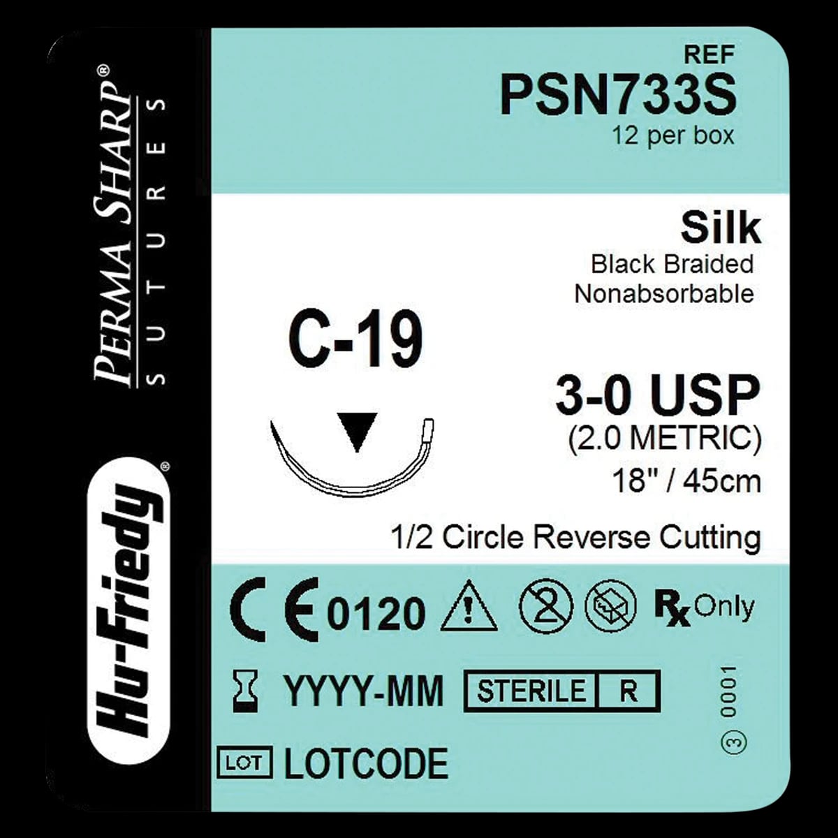 Hu-Friedy Perma Sharp Non-Absorbable Silk Black Braided Sutures, 3-0, C-19 Needle, 1/2 Circle, 18", 12/Box, PSN733S
