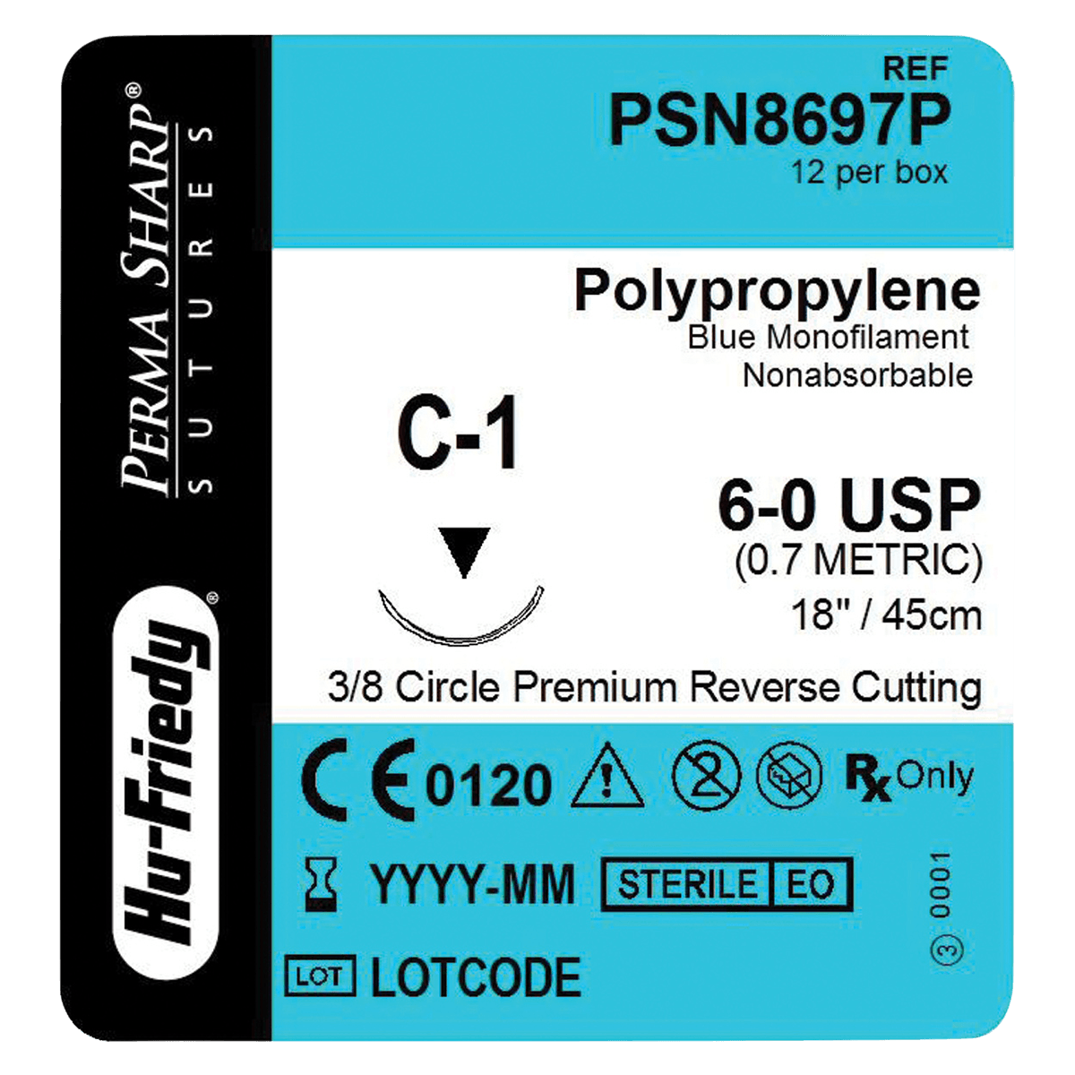 Hu-Friedy Perma Sharp Polypropylene Suture, 6-0, Blue, 18", C-1 Premium Reverse Cutting 3/8 Circle Needle, 12/Box, PSN8697P