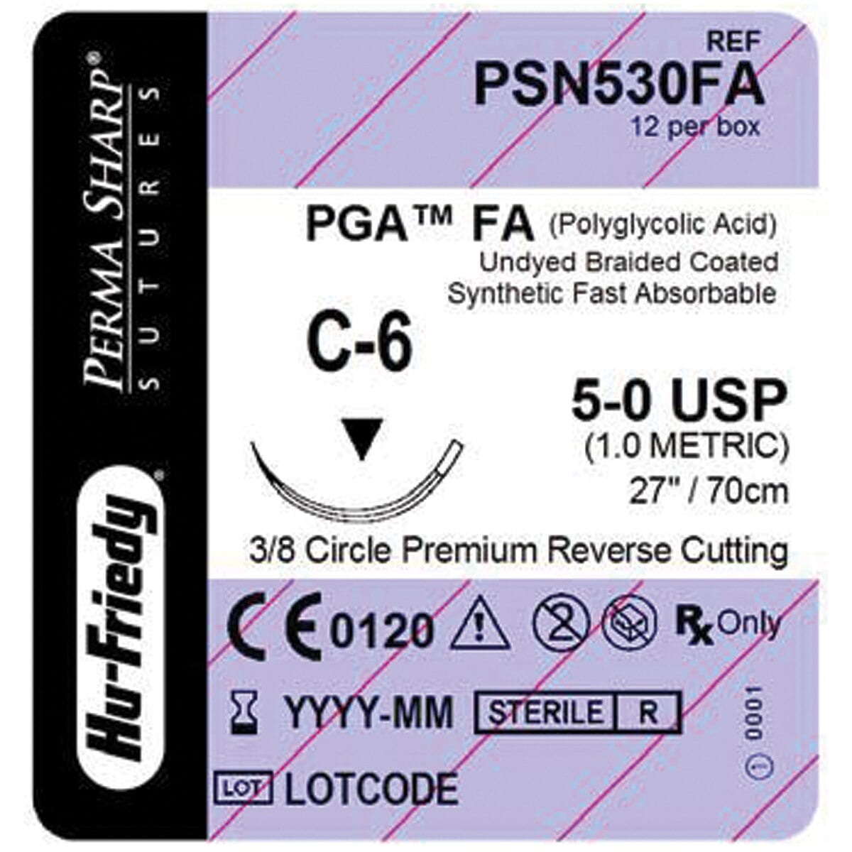 Hu-Friedy Perma Sharp PGA FA Absorbable Suture, 5-0, C-6 Reverse Cutting Needle, 3/8 Circle, 18.7 mm, Undyed Braided, 27", 12/Box, PSN530FA