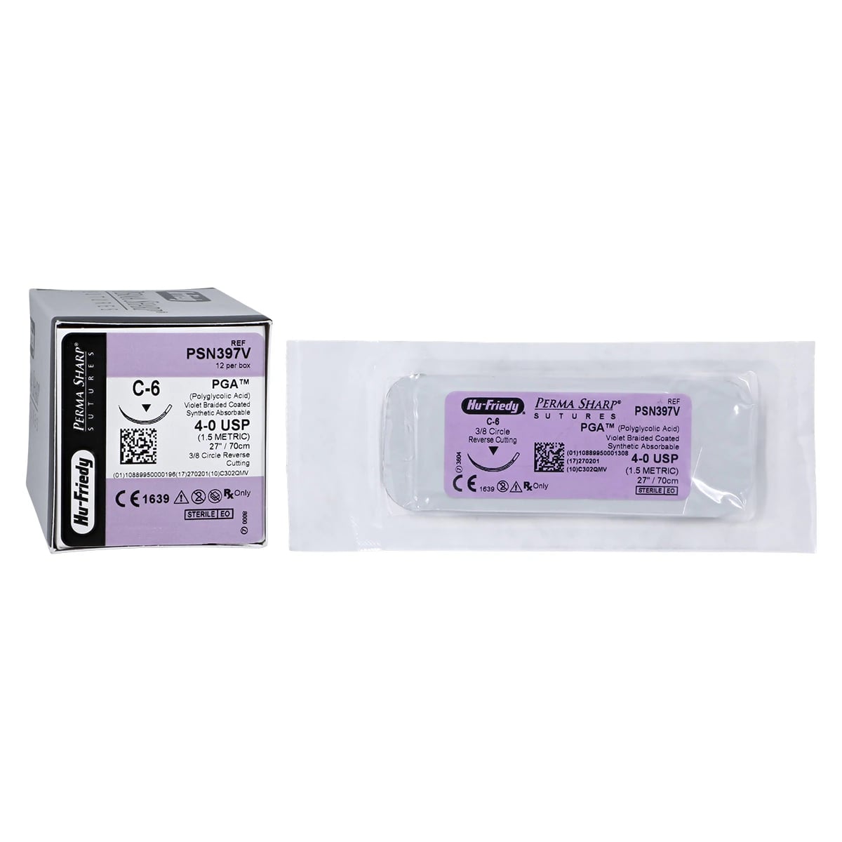 Hu-Friedy Perma Sharp PGA Absorbable Suture, 4-0, Violet, C-6 Reverse Cutting Needle, 3/8 Circle, 27", 12/Box, PSN397V