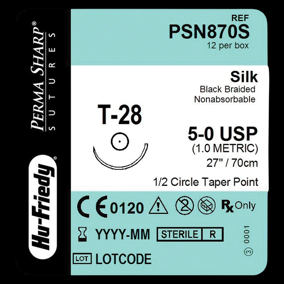 Hu-Friedy Perma Sharp® Non-Absorbable Silk Black Braided Sutures, 5-0, 27" Length, T-28 Taper Point Needle, 1/2 Circle, 17.5mm, Box of 12, PSN870S