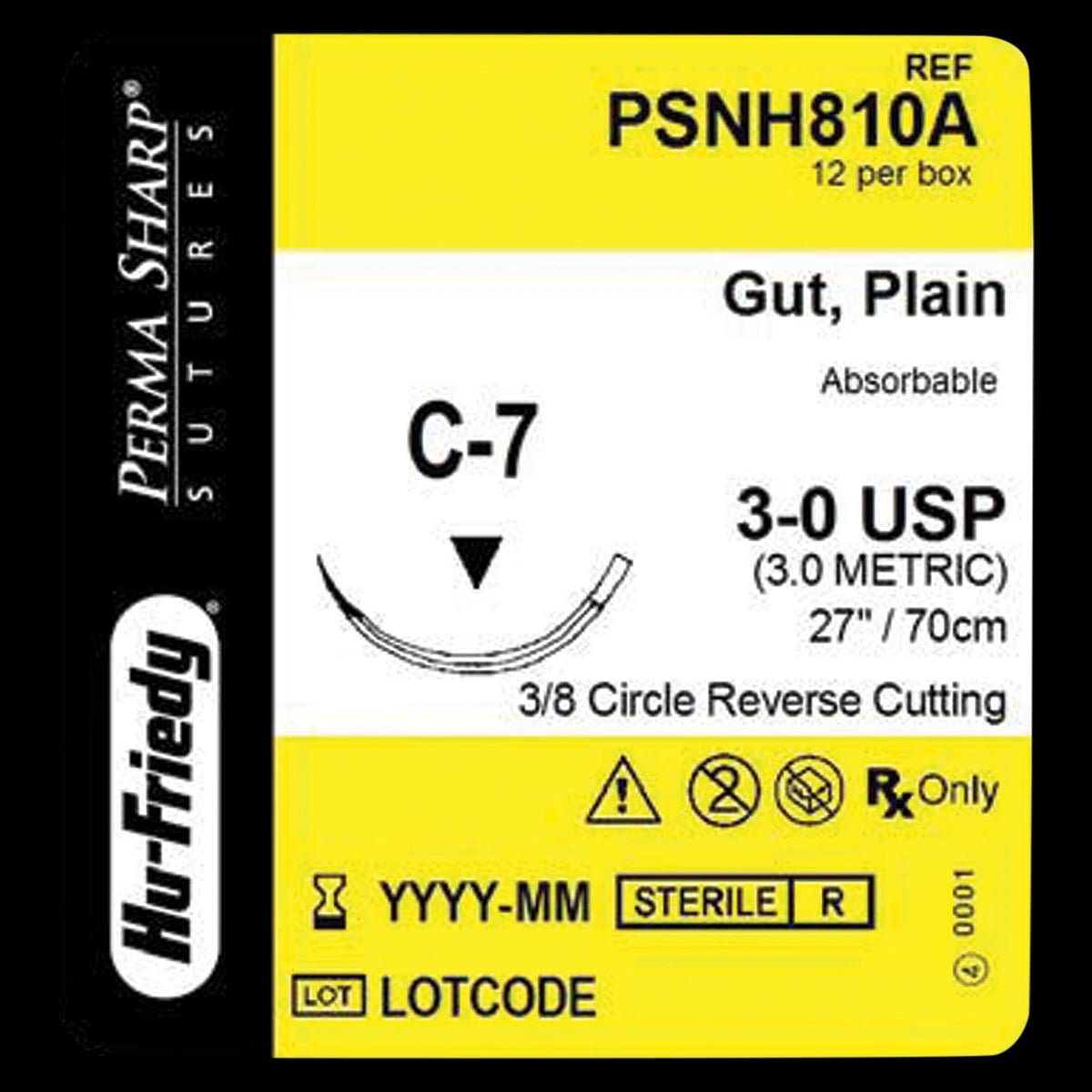 Hu-Friedy Perma Sharp Plain Gut Absorbable Suture, 3-0, C-7 Reverse Cutting Needle, 3/8 Circle, 27", 12/Box, PSNH810A