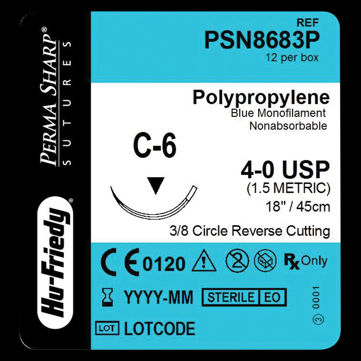 Hu-Friedy Perma Sharp Polypropylene Suture, 4-0, Blue, 18", C-6 Reverse Cutting 3/8 Circle Needle, 12/Box, PSN8683P