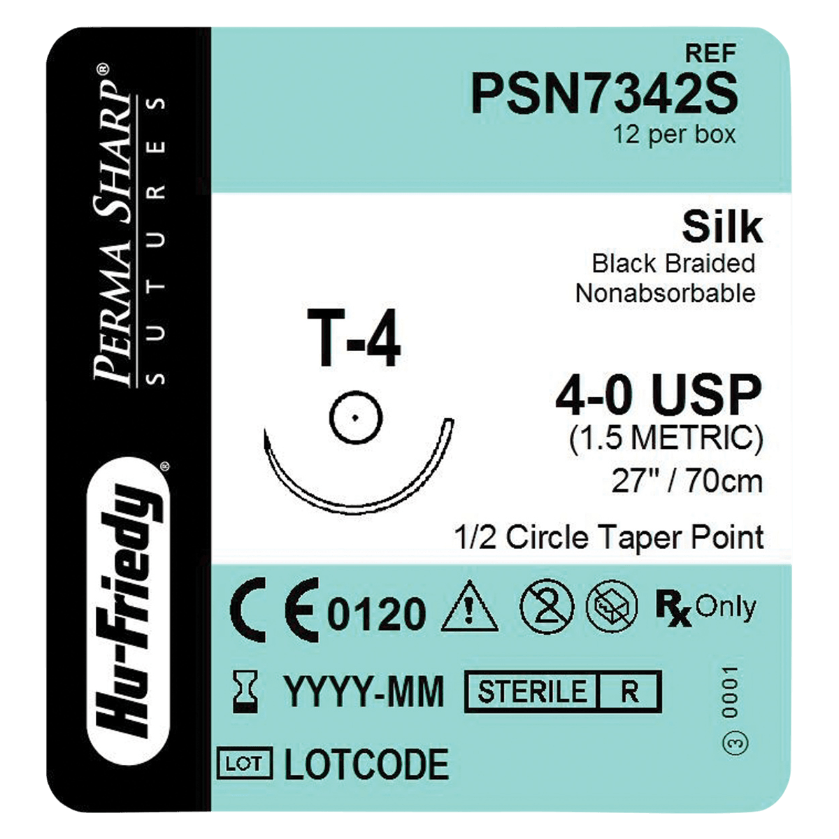 Hu-Friedy Perma Sharp® Non-Absorbable Silk Black Braided Sutures, 4-0, T-4 Needle, 27", 1/2 Circle Taper Point, 22.2mm, 12/Box, PSN7342S