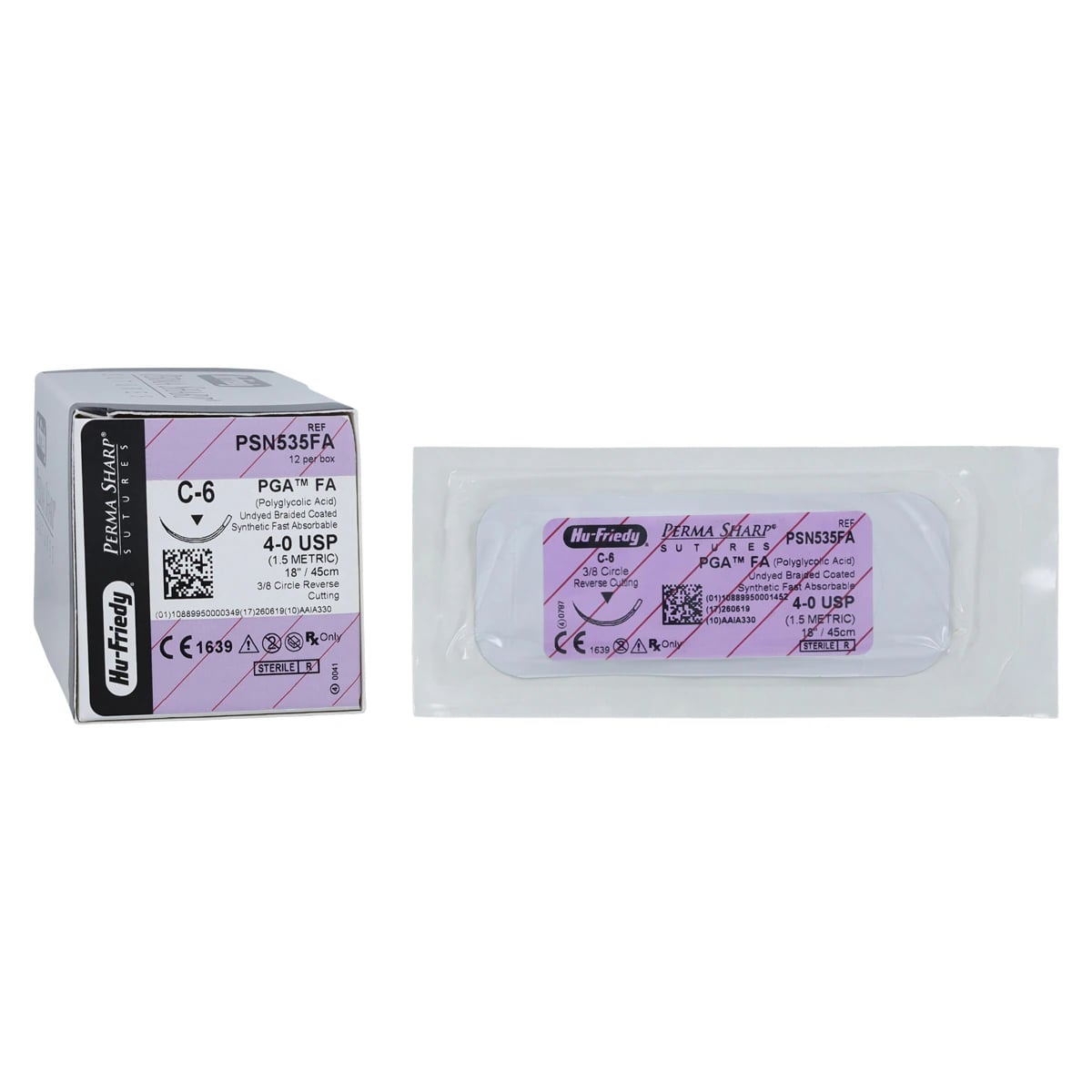 Hu-Friedy Perma Sharp PGA FA Absorbable Suture, 4-0, C-6 Reverse Cutting Needle, 3/8 Circle, 18", Undyed, 12/Box, PSN535FA