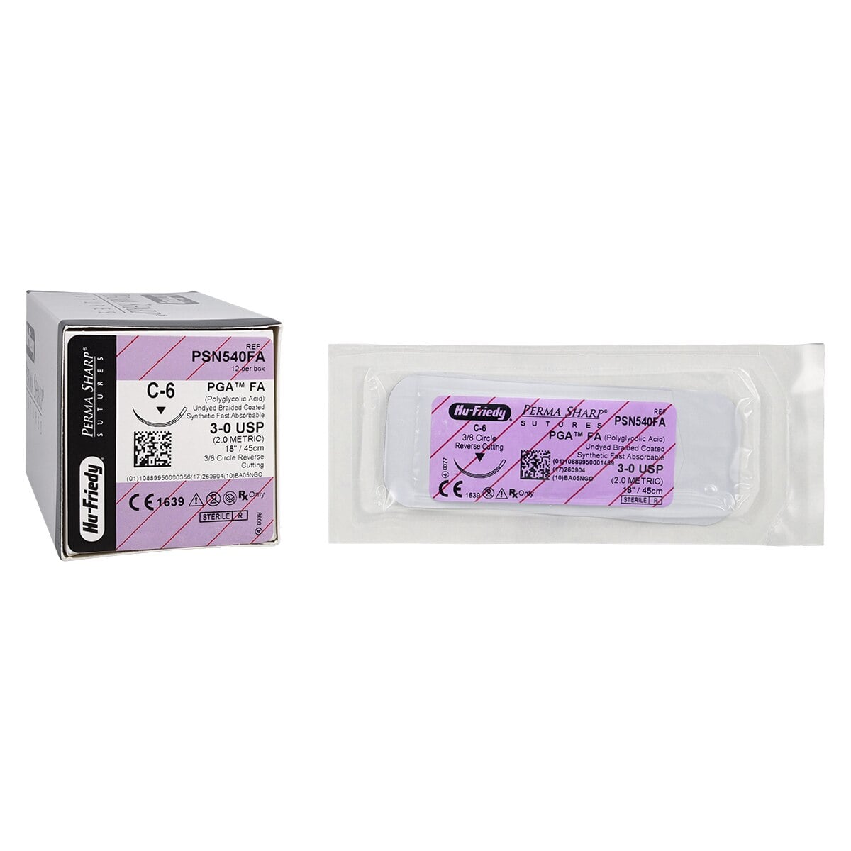Hu-Friedy Perma Sharp PGA FA Absorbable Suture, 3-0, C-6 Reverse Cutting Needle, 3/8 Circle, 18 in, Undyed, 12/Box, PSN540FA