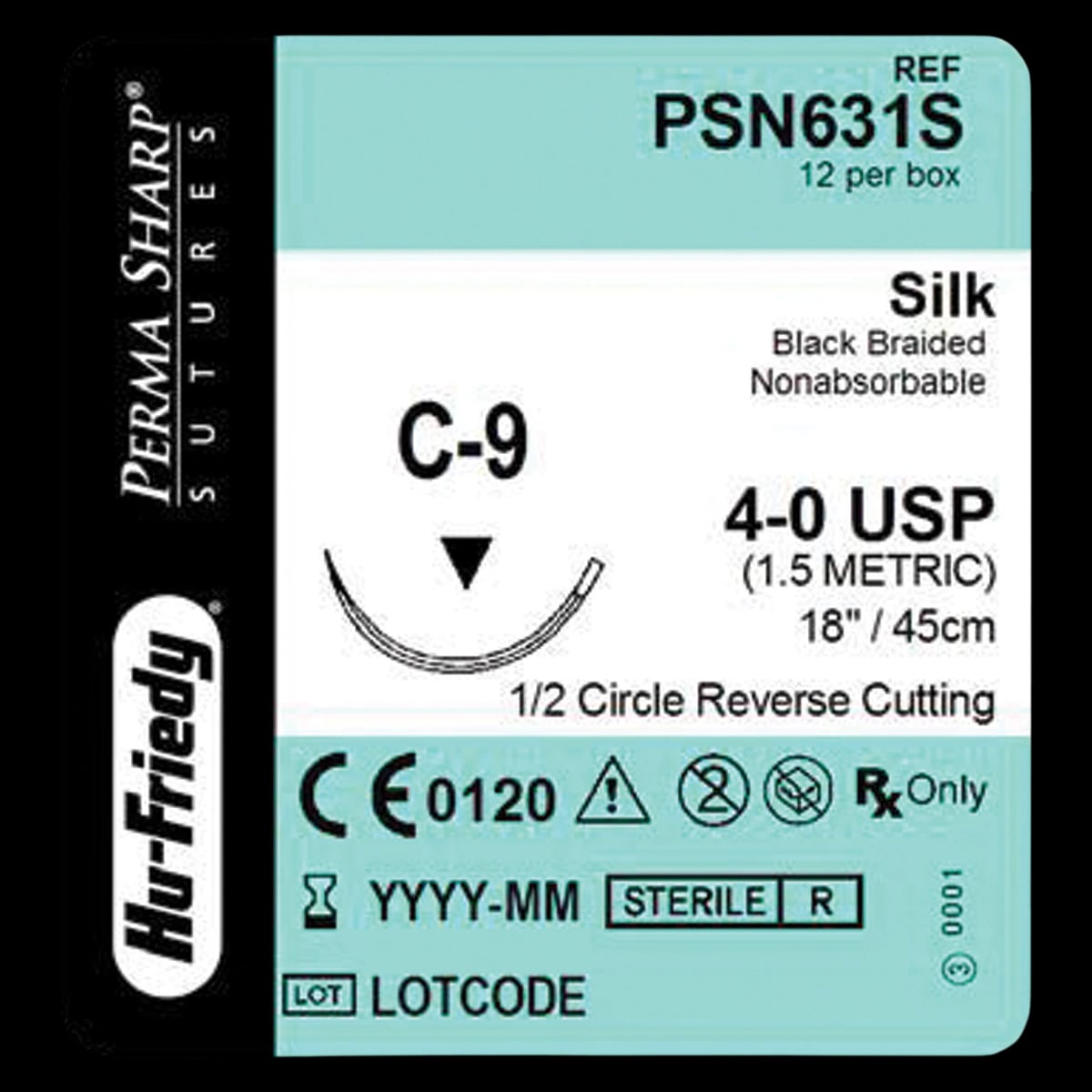 Hu-Friedy Perma Sharp Non-Absorbable Silk Suture, 4-0, Black Braided, 18" C-9 1/2 Circle Reverse Cutting Needle, 12/Box
