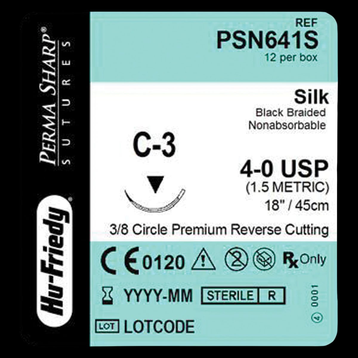 Hu-Friedy Perma Sharp Silk Suture, 4-0, Black, Braided, 18", C-3 Premium Reverse Cutting 3/8 Circle Needle, 12/Box, PSN641S