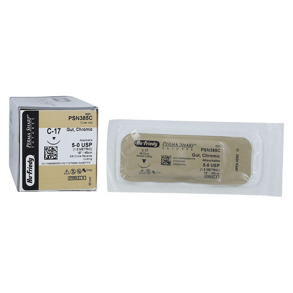 Hu-Friedy Perma Sharp Chromic Gut Suture, 5-0, 18", C-17 Reverse Cutting 3/8 Circle Needle, 12/Box, PSN385C