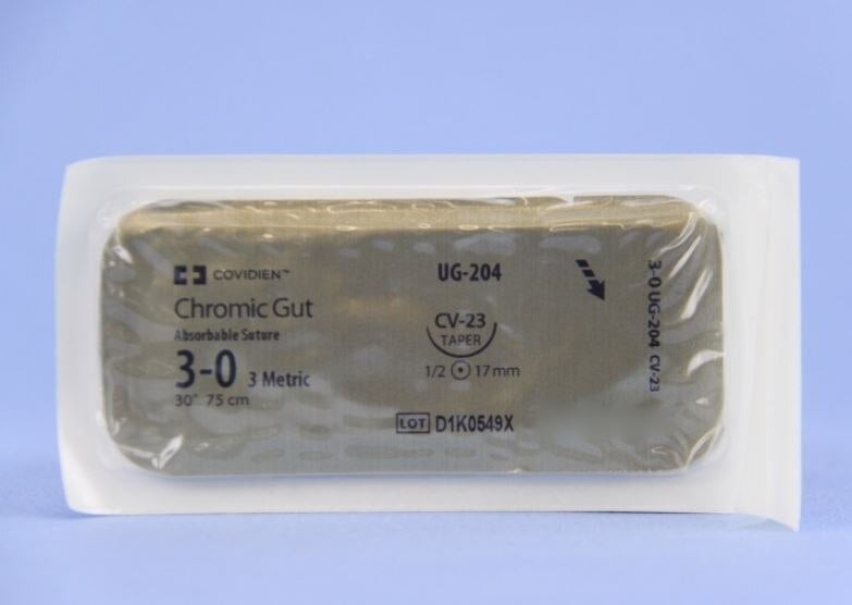 Surgigut Chromic Gut Suture, 3-0, 30", Undyed, CV-23, Surgalloy Taper Point 1/2 Circle Needle 17mm, 36/Case