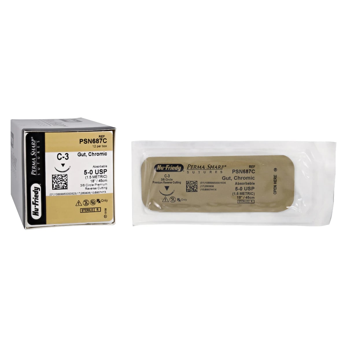 Hu-Friedy Perma Sharp Chromic Gut Suture, 5-0, 18", C-3 Premium Reverse Cutting 3/8 Circle Needle, 13mm, Undyed, 12/Box, PSN687C