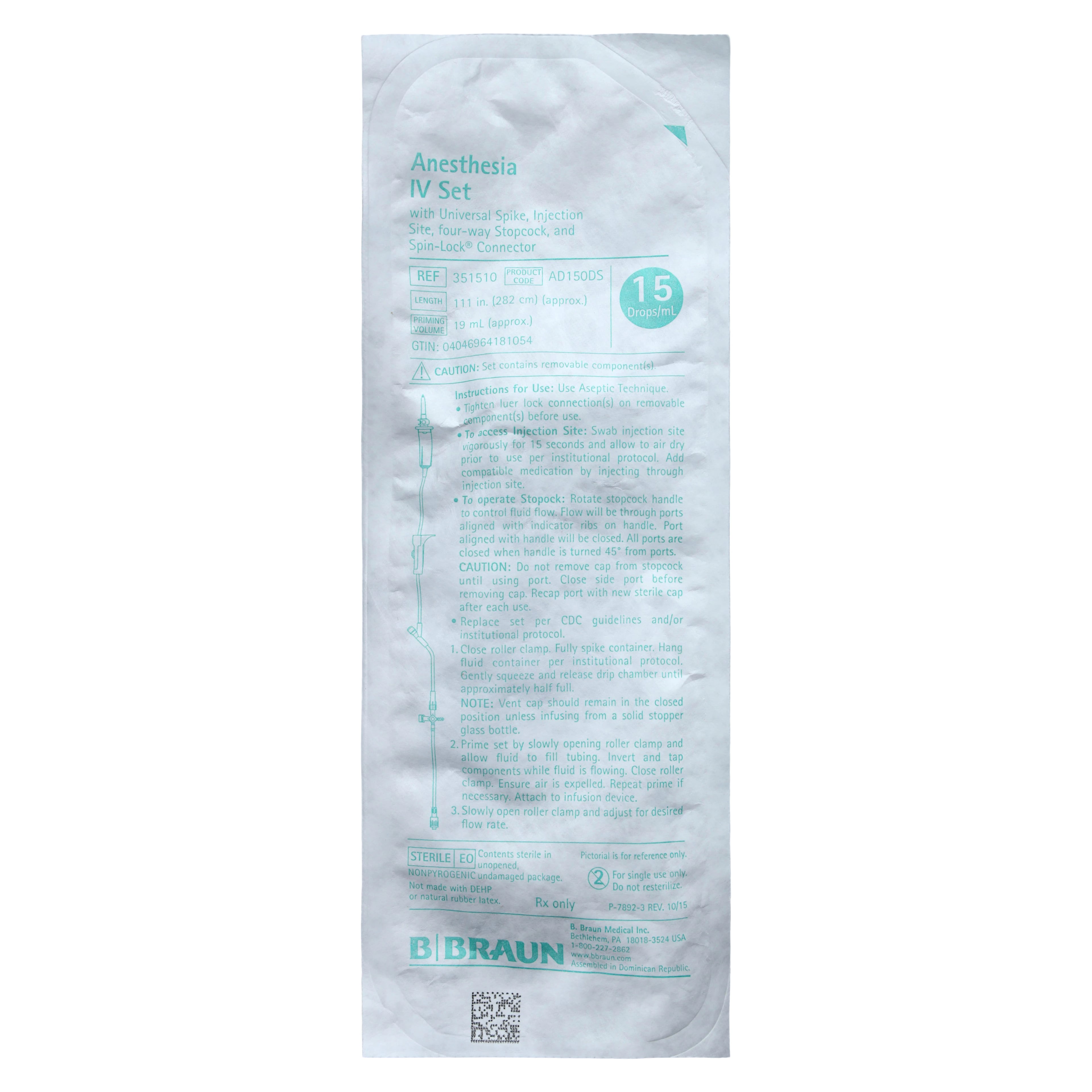 B. Braun IV Administration Set with Needleless Y-Injection Site, 6" Detachable 4-Way Stopcocks, 15 Drops/mL, Priming Volume 19mL, 111" SPIN-LOCK Connector, 50/Case