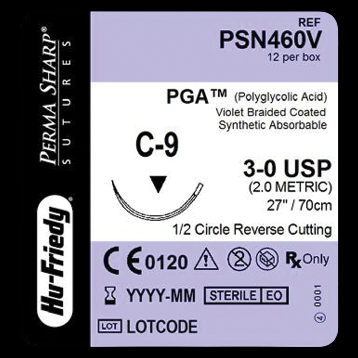 Hu-Friedy Perma Sharp PGA Absorbable Suture, 3-0, C-9 Reverse Cutting 1/2 Circle Needle, 27" Violet Braided, 12/Box