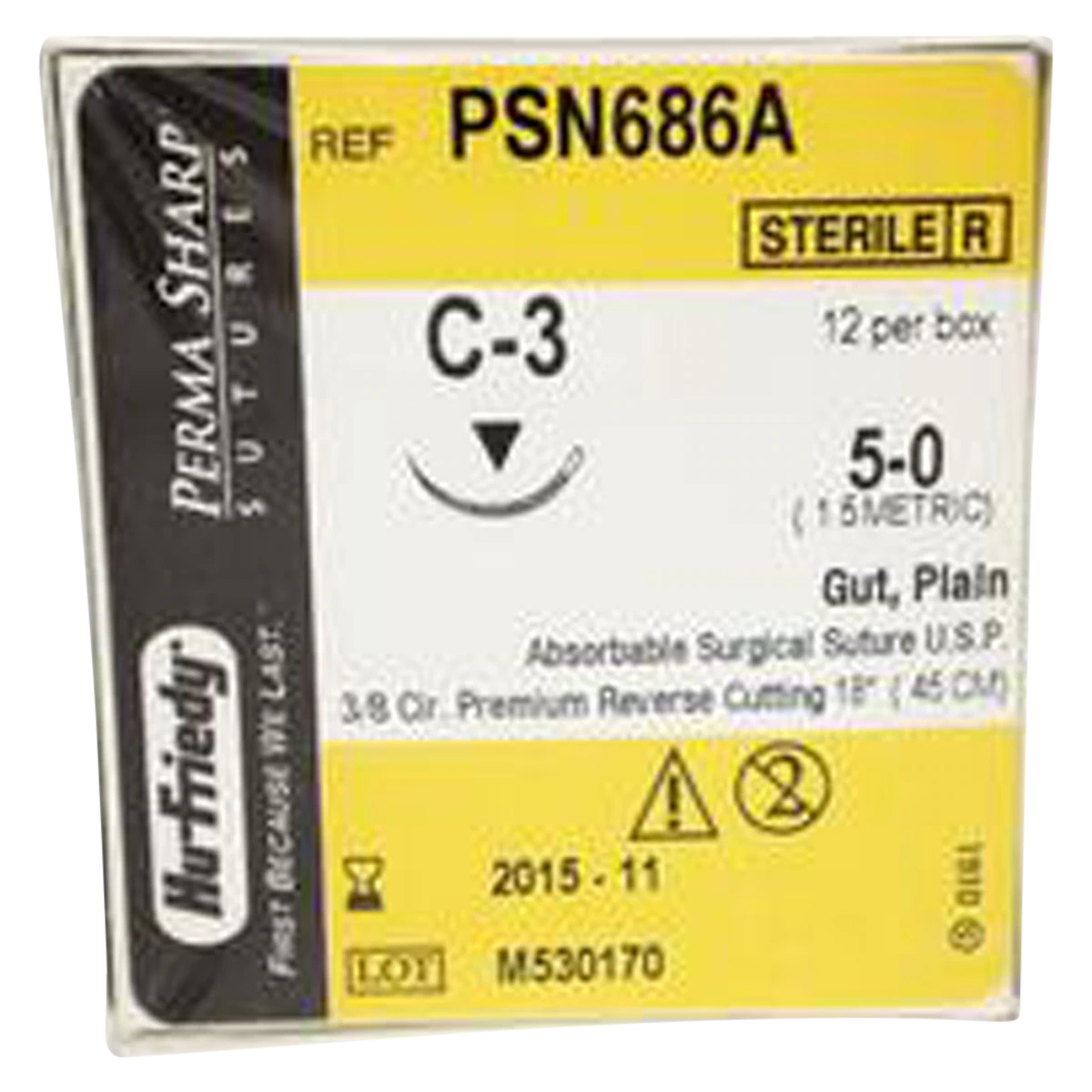 Hu-Friedy Perma Sharp Plain Gut Absorbable Suture, 5-0, 18", C-3 Premium Reverse Cutting Needle, 3/8 Circle, 12/Box, PSN686A