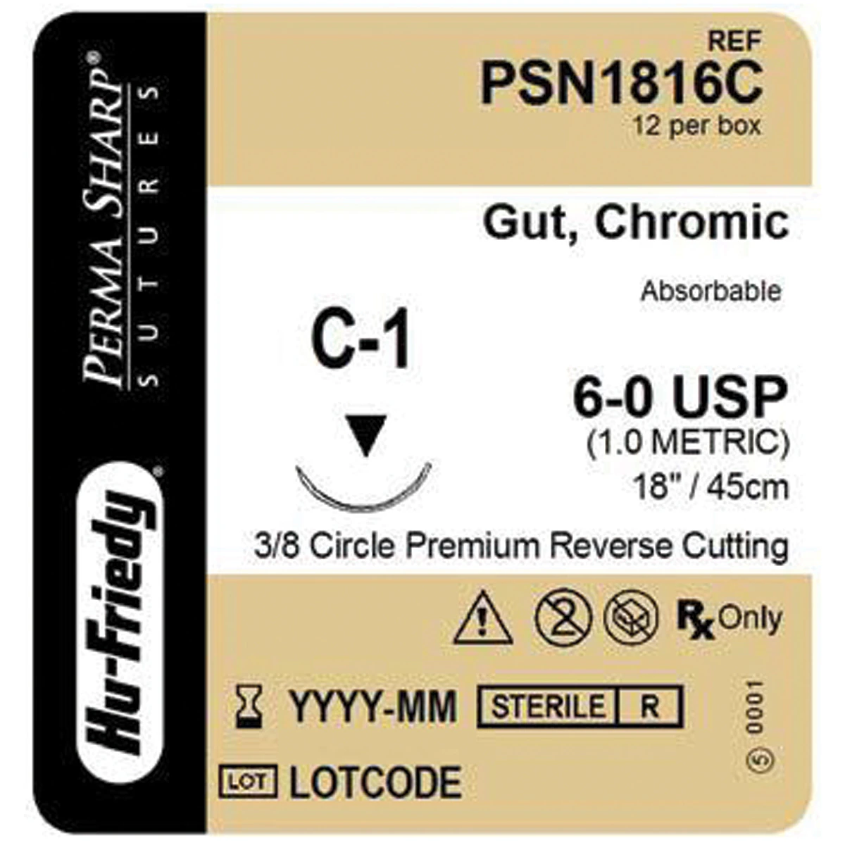 Hu-Friedy Perma Sharp Chromic Gut Suture, 6-0, 18", C-1 Premium Reverse Cutting 3/8 Circle Needle, 12/Box, PSN1816C