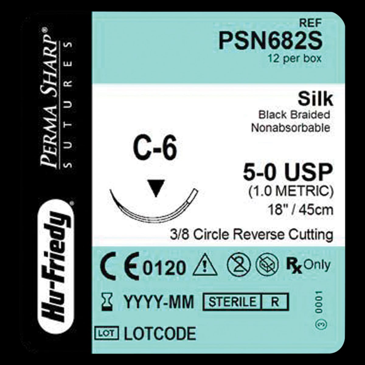 Hu-Friedy Perma Sharp Non-Absorbable Silk Suture, 5-0, Black Braided, 18" C-6 Reverse Cutting 3/8 Circle Needle, 12/Box, PSN682S