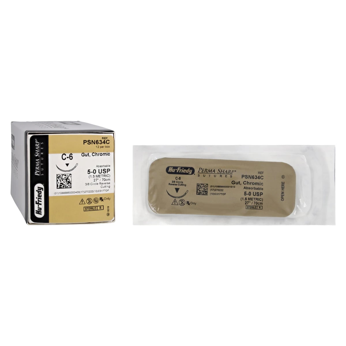 Hu-Friedy Perma Sharp Chromic Gut Suture, 5-0, C-6 Reverse Cutting 3/8 Circle Needle, 27", 12/Box, PSN634C