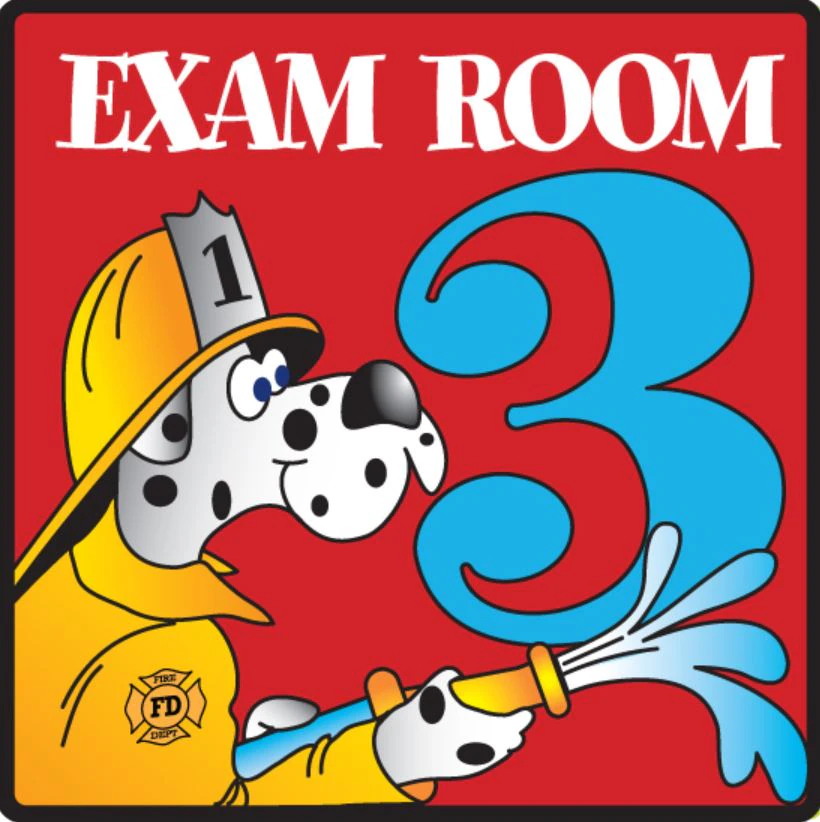 Clinton Industries Exam Room Sign, Flat Surface Mount, Dalmation/Red, Plastic, Each