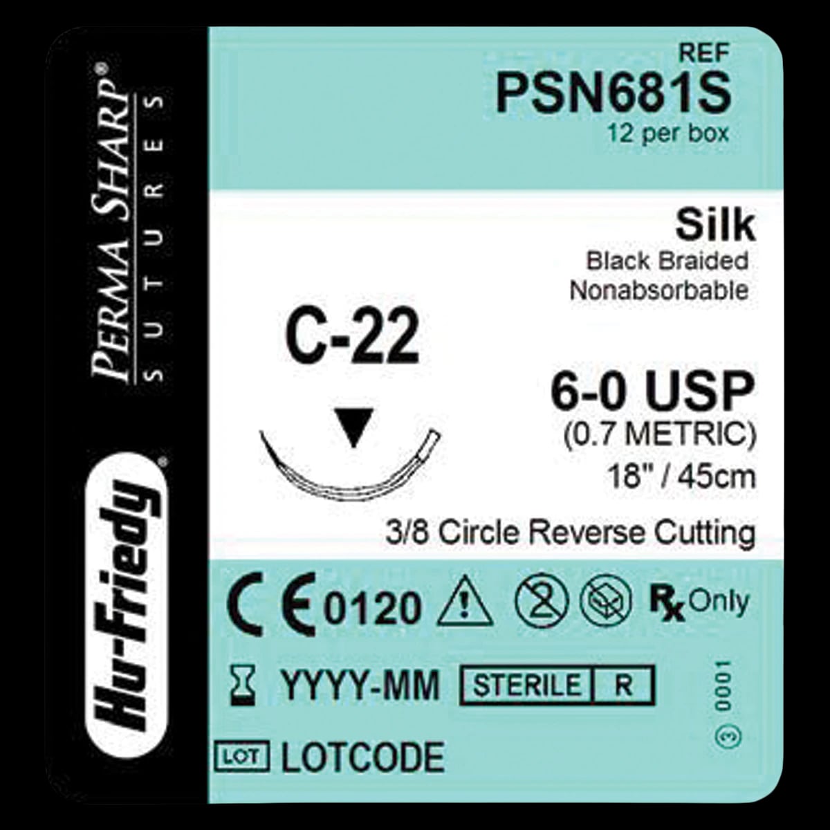Hu-Friedy Perma Sharp Non-Absorbable Silk Black Braided Suture, 6-0, 18", C-22 Reverse Cutting 3/8 Circle Needle, 12/Box, PSN681S