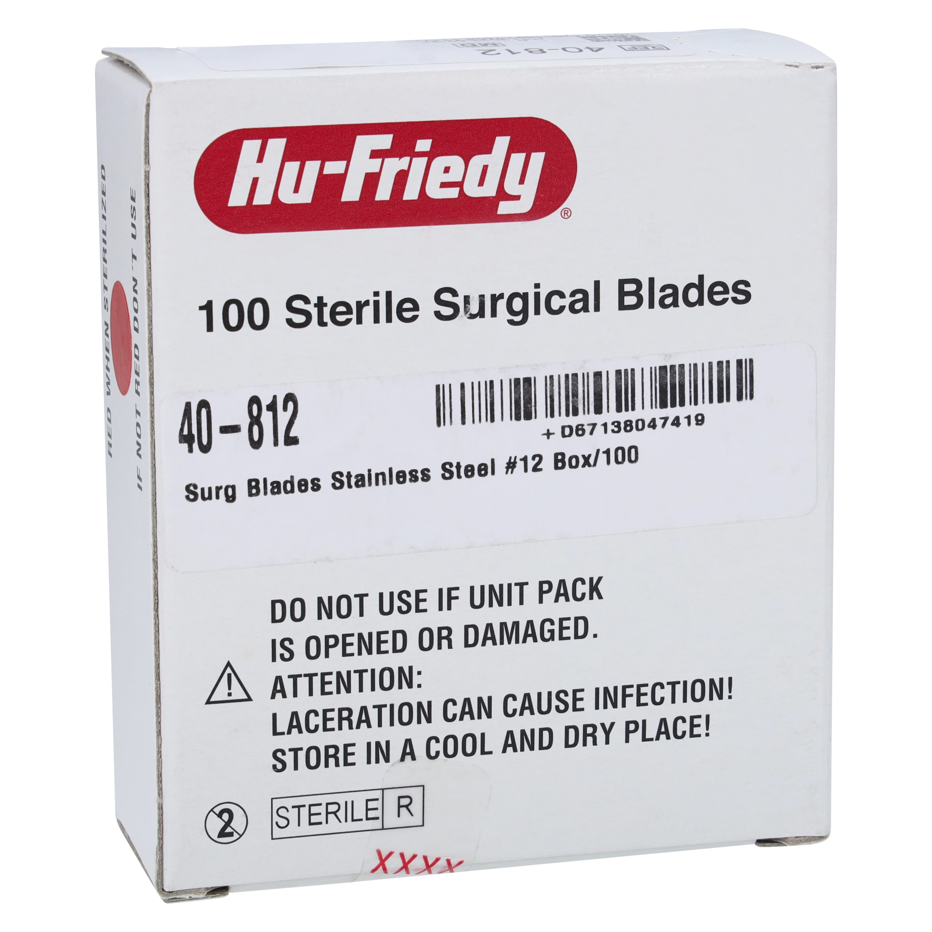 Hu-Friedy #12 Sterile Stainless Steel Surgical Scalpel Blade, Box of 100 (40-812)