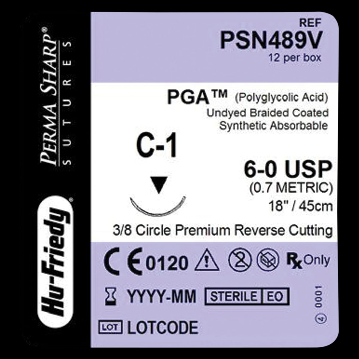 Hu-Friedy Perma Sharp PGA Absorbable Suture, 6-0, Undyed Braided, 18", C-1 Premium Reverse Cutting 3/8 Circle Needle, 12/Pk, PSN489V