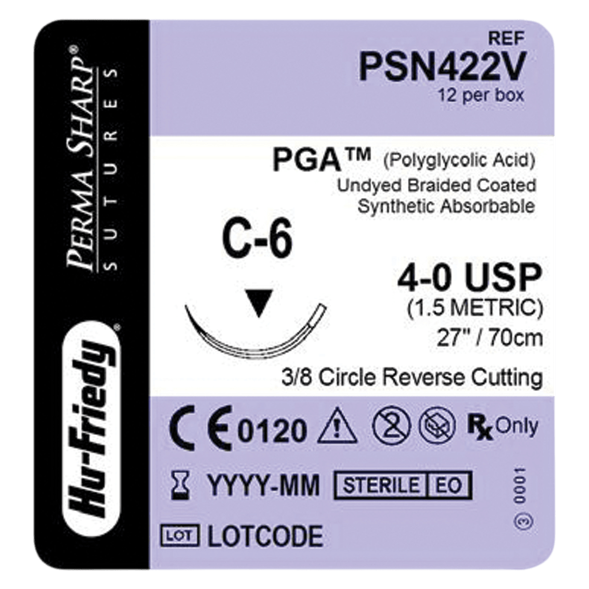 Hu-Friedy Perma Sharp PGA Absorbable Suture, Undyed Braided, 4-0, C-6 Reverse Cutting 3/8 Circle Needle, 27", 12/Box, PSN422V