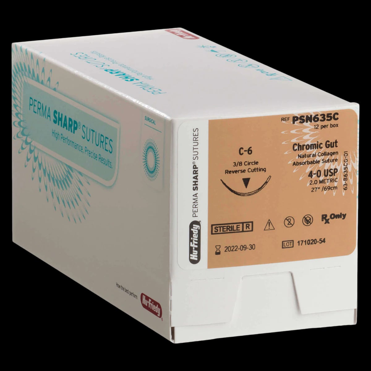 Hu-Friedy Perma Sharp Chromic Gut Absorbable Suture, 3-0, C-6 Reverse Cutting Needle, 3/8 Circle, 27", 12/Box, PSN636C