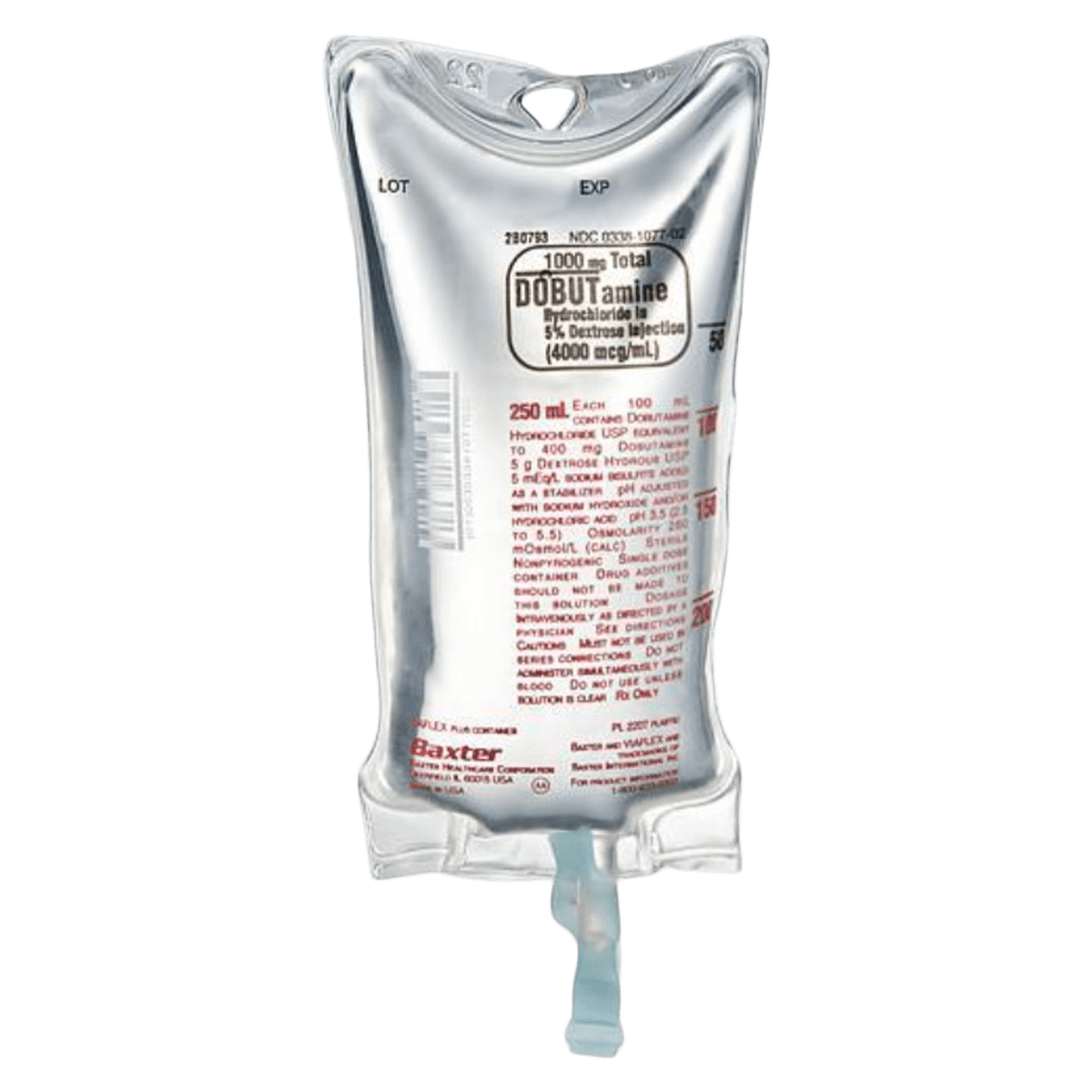 Dobutamine HCl in 5% Dextrose Injection, 1000 mg/250 mL (4000 mcg/mL), 250 mL Bag, 18/Case