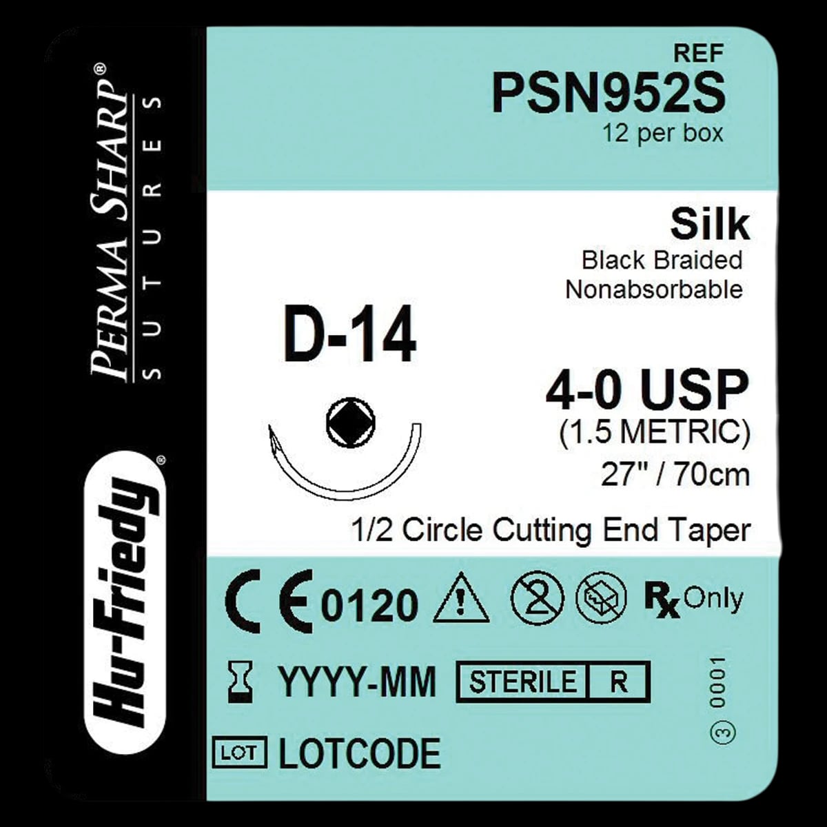 Hu-Friedy Perma Sharp Non-Absorbable Silk Suture, Black Braided, 4-0, 27", D-14 1/2 Circle Tapercut Needle 17.5mm, 12/Box, PSN952S