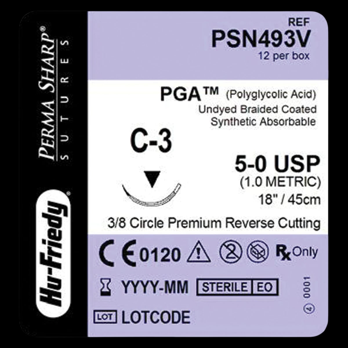 Hu-Friedy Perma Sharp PGA Absorbable Suture, 5-0, Undyed Braided, C-3 Premium Reverse Cutting 3/8 Circle Needle, 18", 12/Box, PSN493V