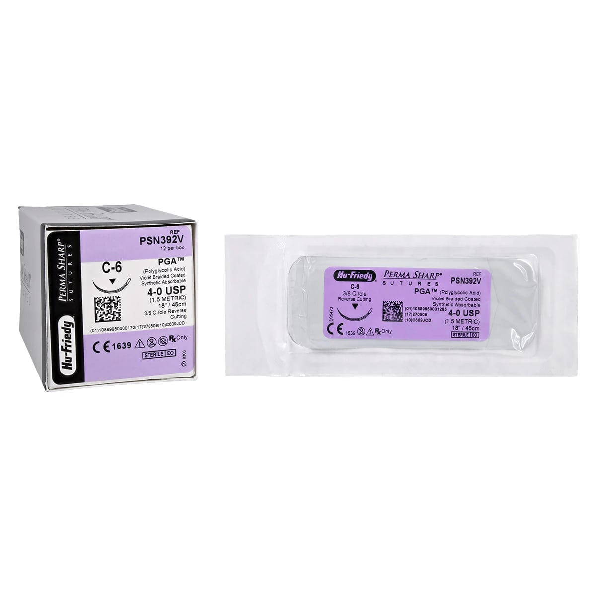 Hu-Friedy Perma Sharp PGA Absorbable Suture, 4-0, Violet, 18" Length, C-6 Needle, 3/8 Circle Reverse Cutting, 12/Box, PSN392V