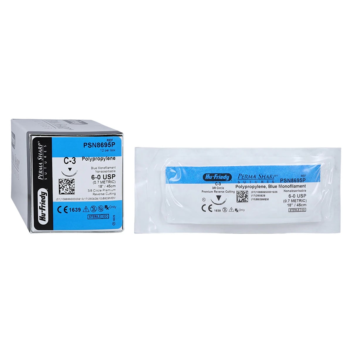Hu-Friedy Perma Sharp Non-Absorbable Polypropylene Suture, 6-0, Blue, 18", C-3 Needle, 3/8 Circle Premium Reverse Cutting, 12/Box, PSN8695P