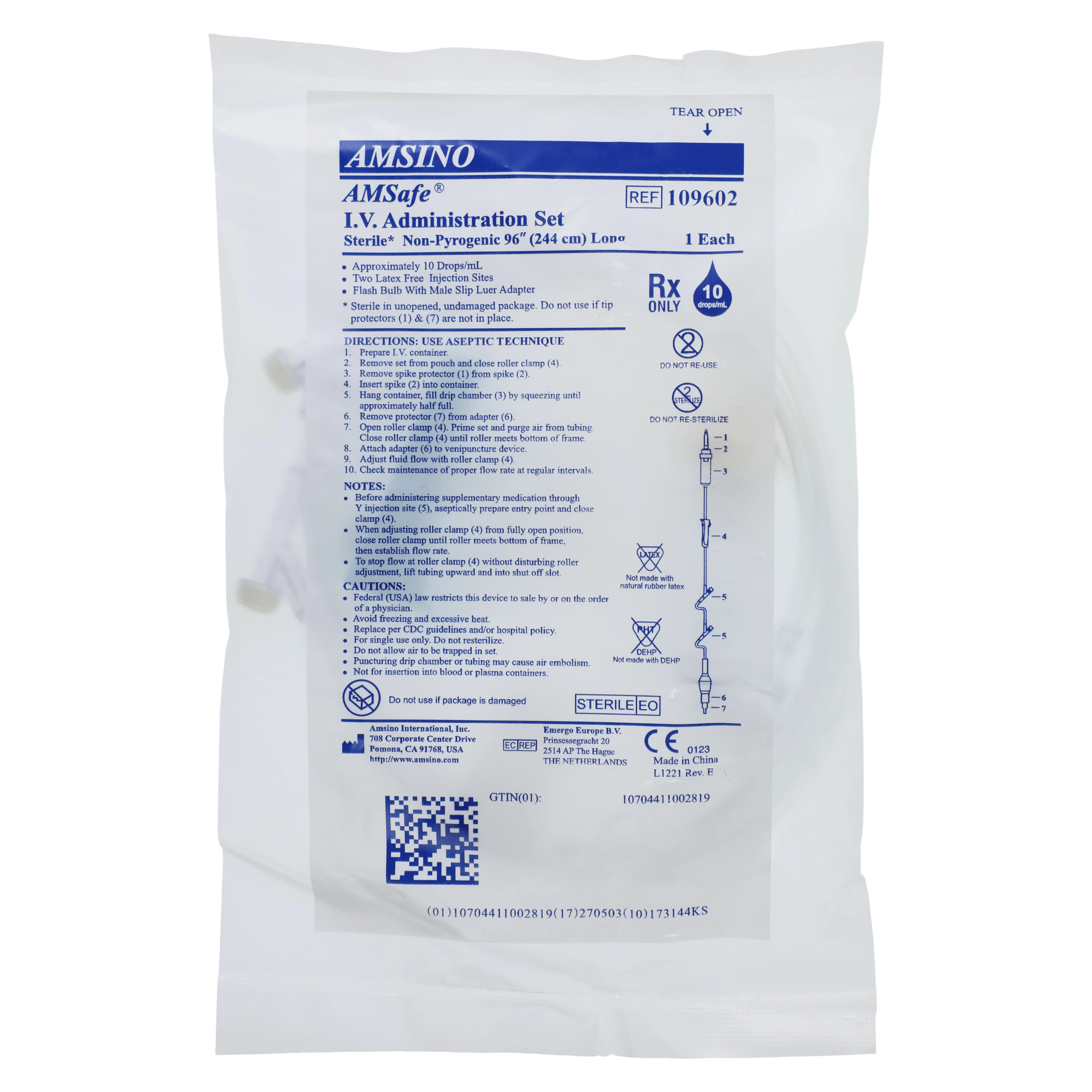 Amsino Amsafe IV Administration Set, 10 Drops/mL, 2 Y-Injection Sites, 89" Rotating Male Luer Lock, Non-DEHP, Latex-Free, 50/Case