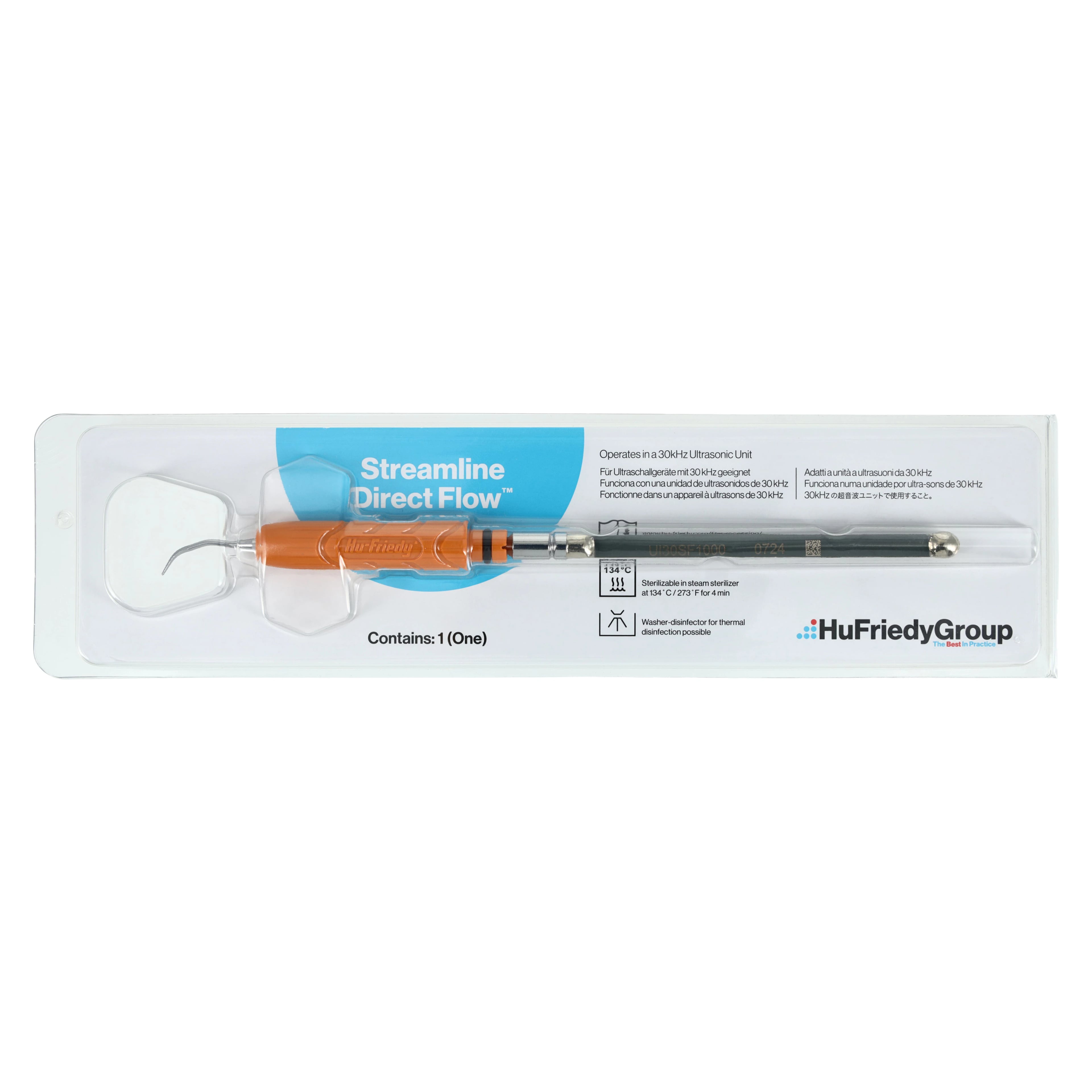Hu-Friedy Streamline Direct Flow Ultrasonic Insert #1000 Triple Bend, 30 kHz, Orange Handle, 1 Each, UI30SF1000