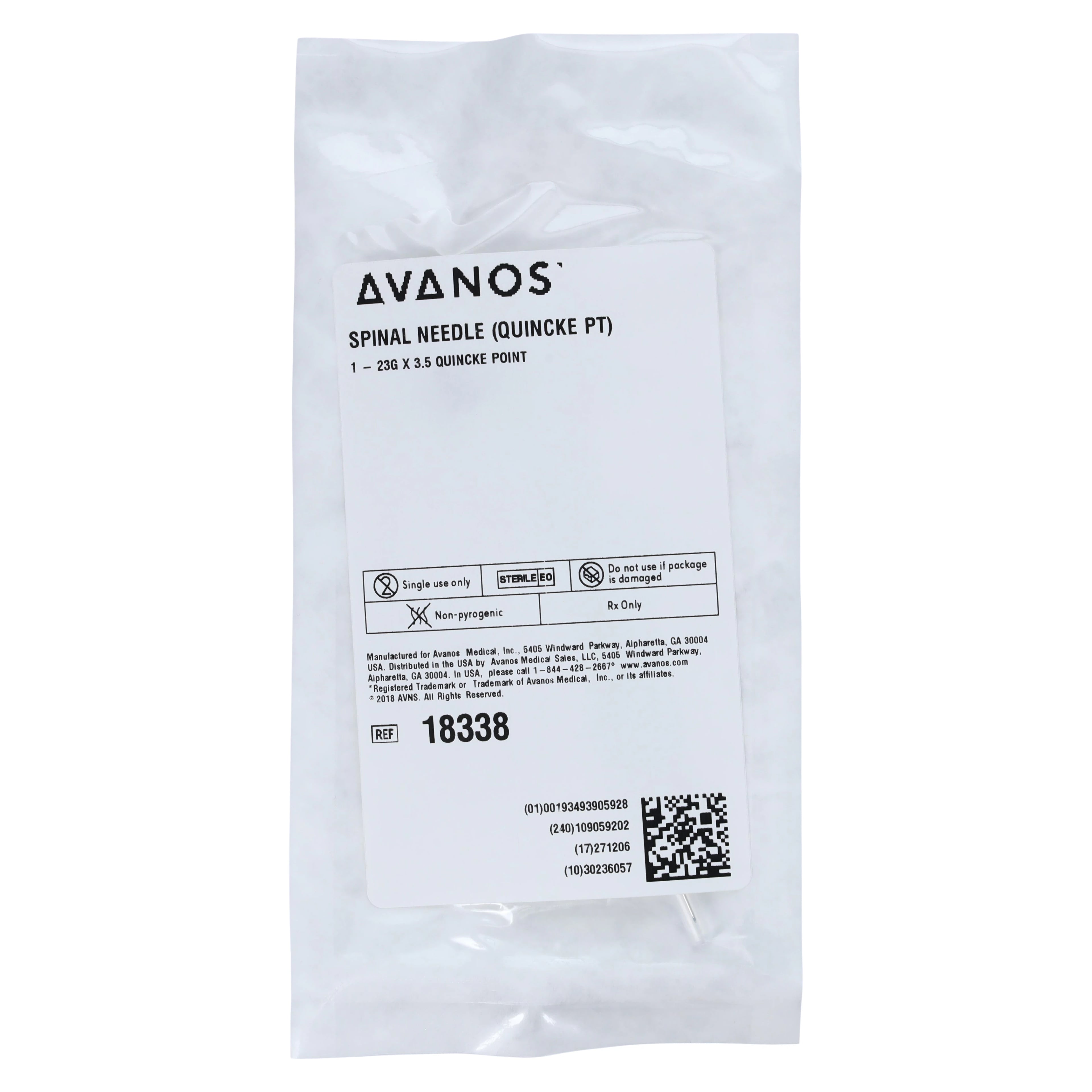 Avanos Medical Quincke Spinal Needle, 23G x 3.5", Sterile