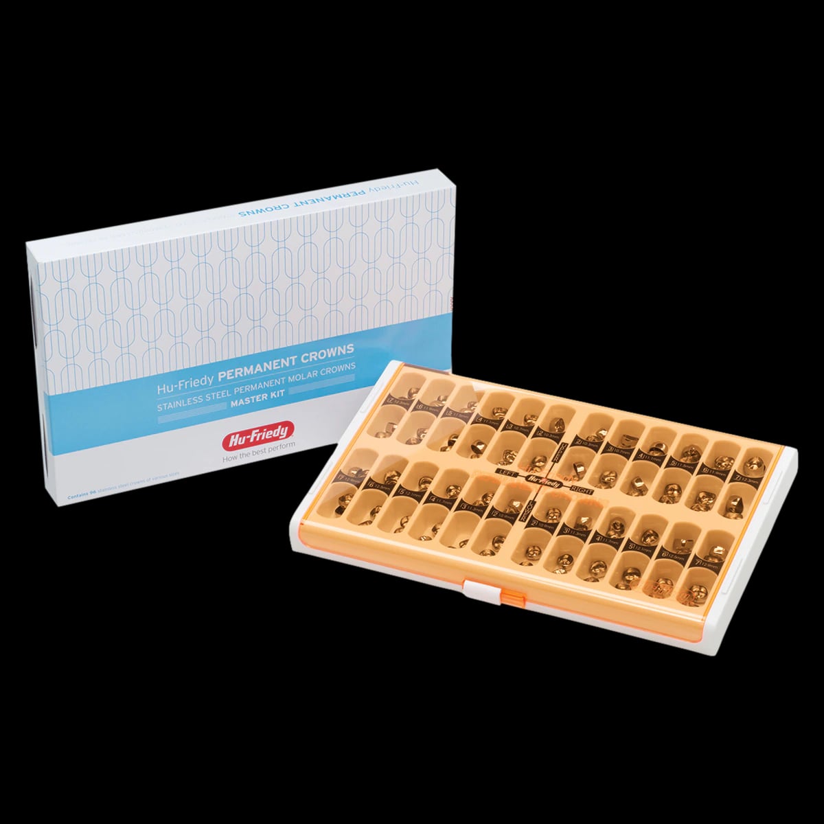 Hu-Friedy Permanent Molar Stainless Steel Crown Master Kit, 96 Crowns (4 Each Size, Upper/Lower Left/Right #2-#7)